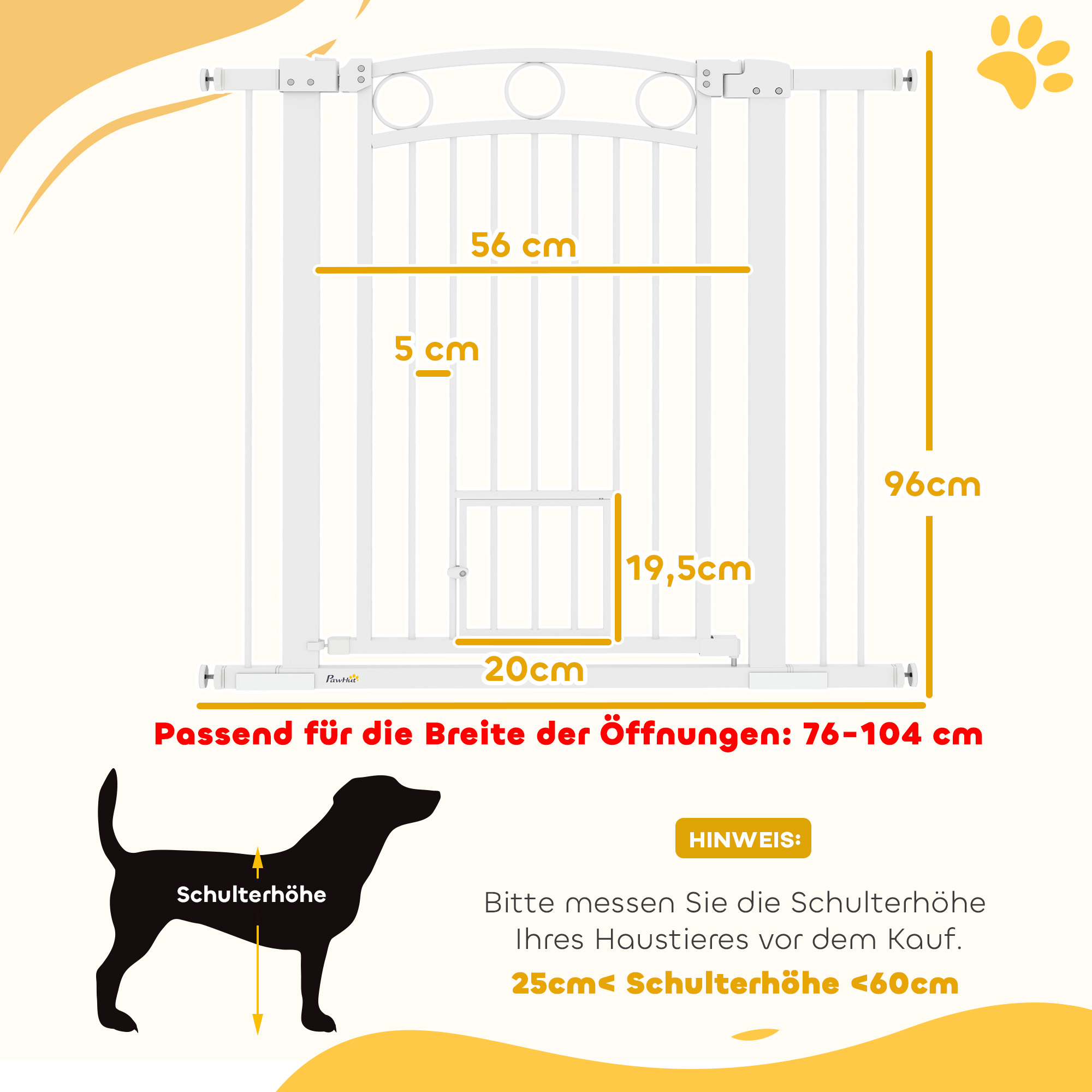 Haustiertor, 96 cm Treppengatter, verstellbare Breite 76-104 cm, mit Katzentür, für Treppen und Türöffnungen, Weiß