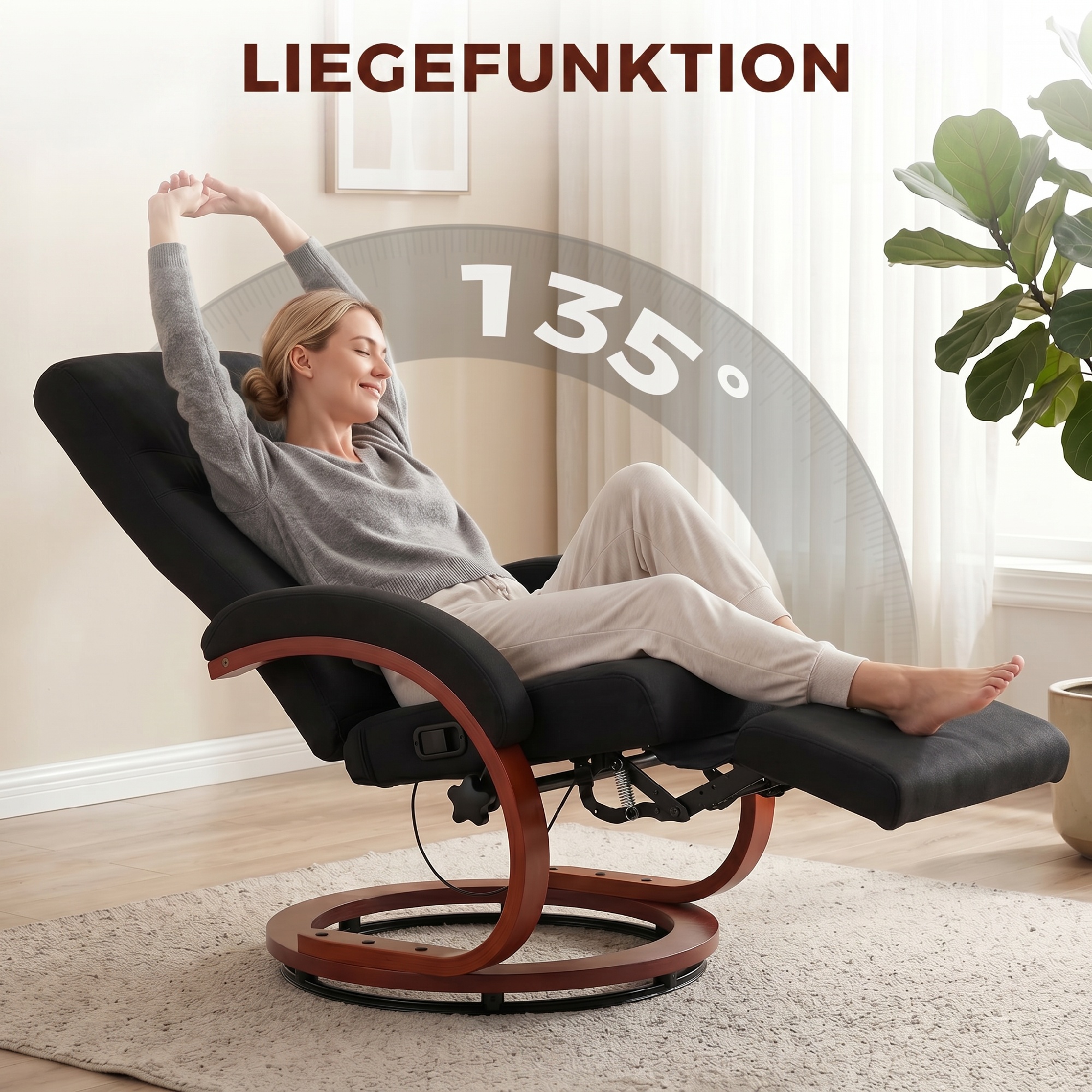 Relaxsessel mit Liegefunktion Fernsehsessel mit hoher Rückenlehne ergonomische Armlehne Fußstütze Holzbasis Leinenoptik
