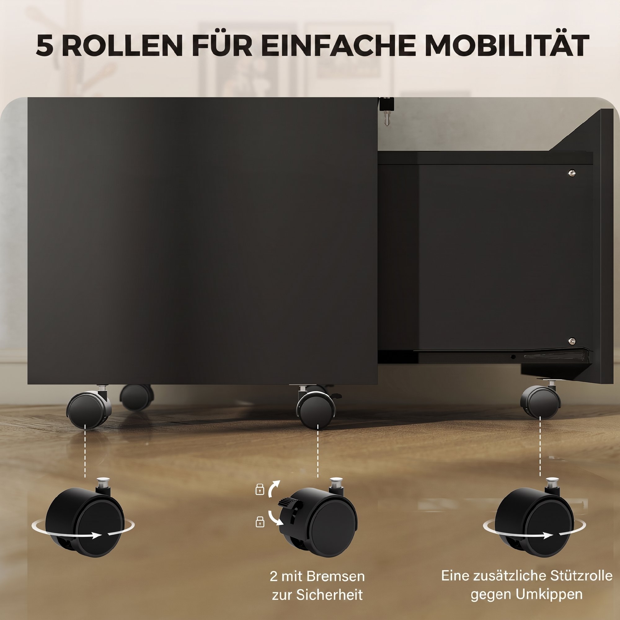 Büroschrank Rollcontainer, 2 Schubladen, eine Schublade abschließbar, 5 Rollen, Schwarz, 40 x 40 x 65 cm
