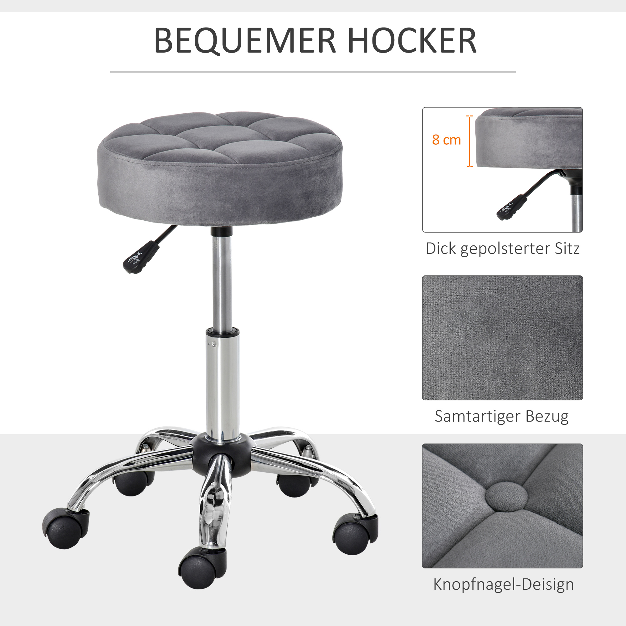 Salonstuhl mit Rädern Rollhocker höhenverstellbar drehbar Salon Hocker Samt-Touch Schaumstoff Chrom-Basis Hellgrau 35 x 35 x 49-61 cm