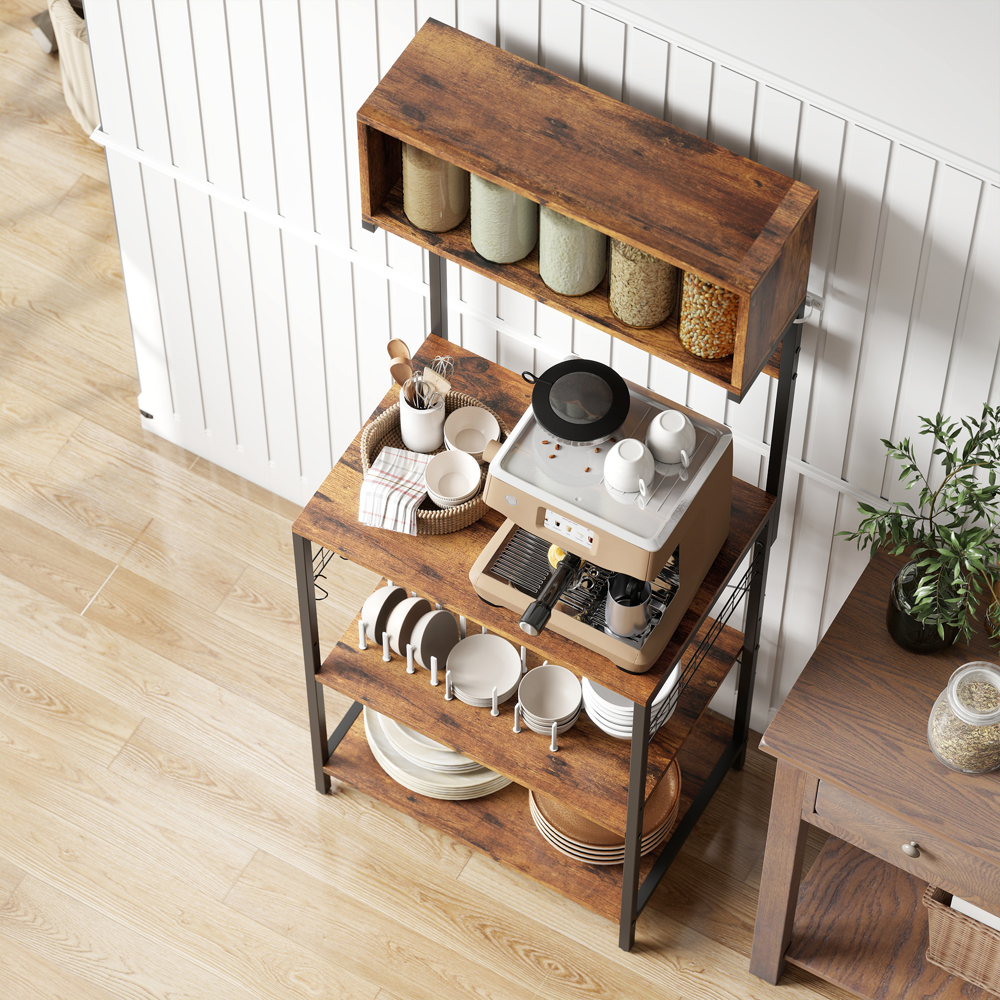 Küchenregal, Standregal mit 5 S-Haken, 5 Ablagen, Steckdose, aus Stahl, Rustikal-Braun, 60 x 42 x 153 cm