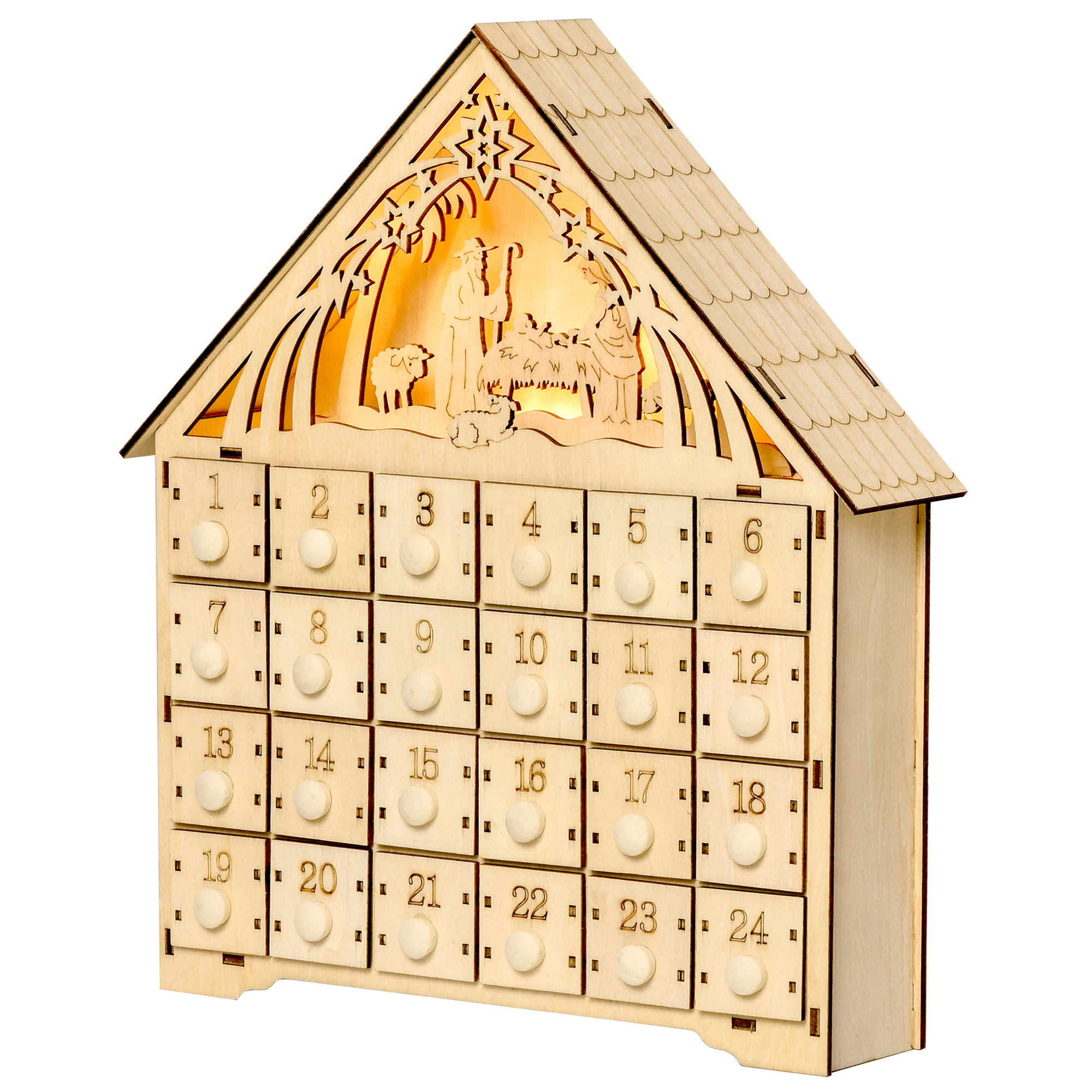 Adventskalender mit LED-Beleuchtung, 24 Schubladen, Krippenszene, 26,6x6x30 cm, Holzoptik Adventskalender mit LED-Beleuchtung, 24 Schubladen, Krippenszene, 26,6x6x30 cm, Holzoptik