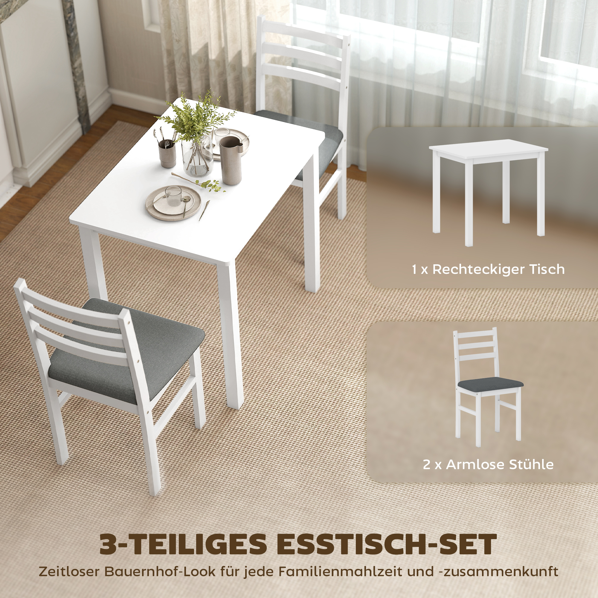 3-teiliges Esstisch-Set mit 2 Stühlen, Küchentisch für kompakte Räume, gepolsterte Stühle, platzsparend, MDF, Weiß