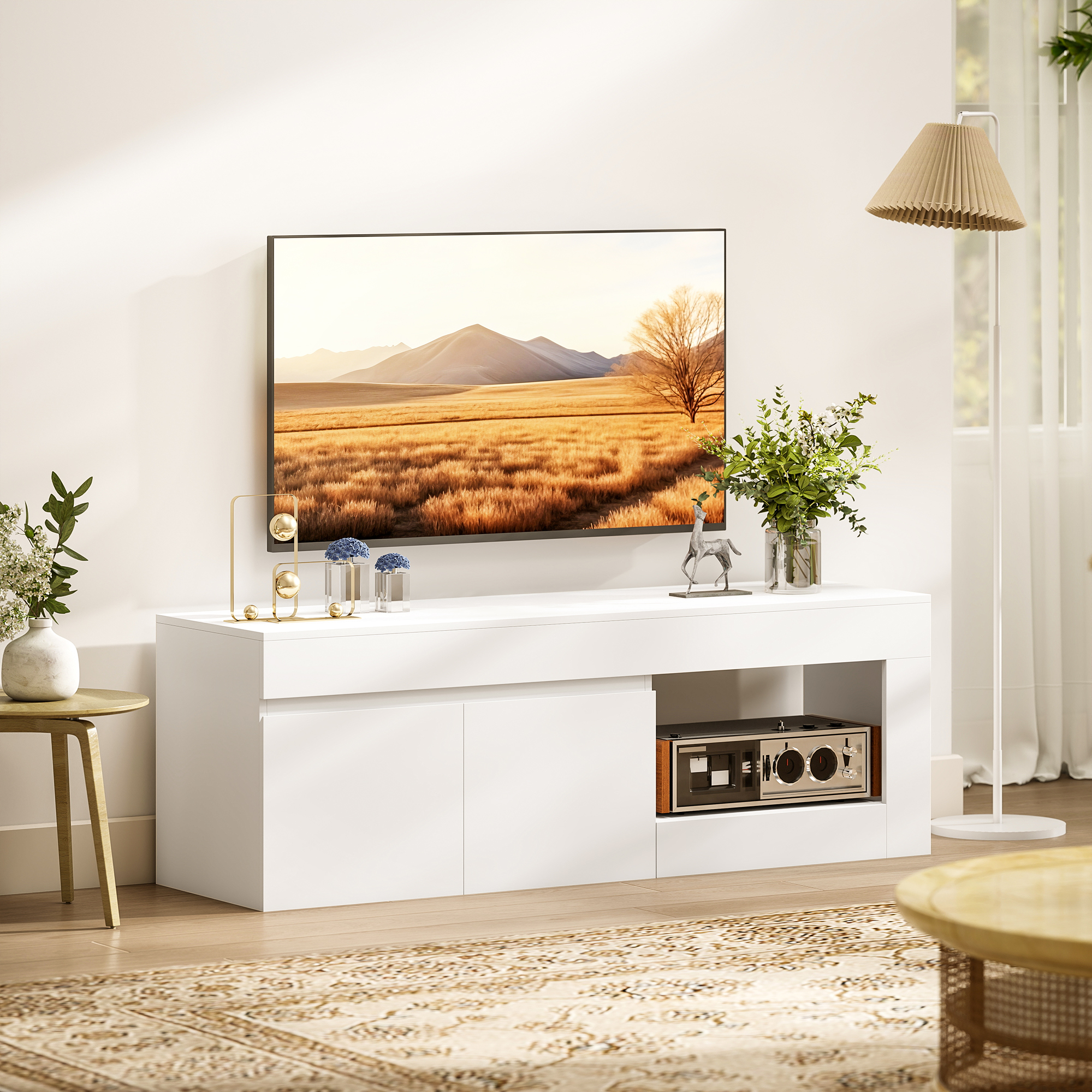 modernes TV-Lowboard fürs Wohnzimmer mit 2 Türen, offenem Fach und Griffen, für TVs bis 60 Zoll, 140 x 40 x 48 cm, Weiß