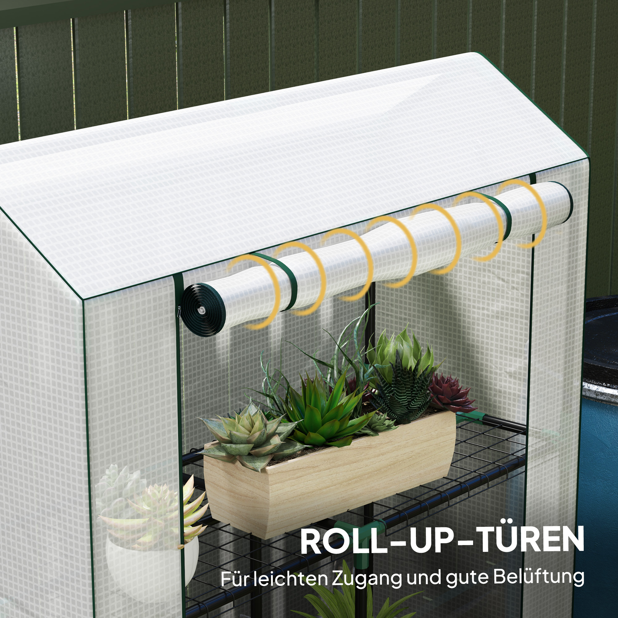 Gewächshaus mit 3-Stufen-Regal, UV-beständige Kunststoffabdeckung, Rolltür, 100 x 40 x 150 cm, Weiß