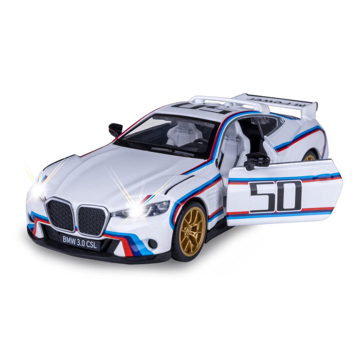 BMW 3.0 CSL Diecast 1:34 weiß inkl. Knopfzellen BMW 3.0 CSL Diecast 1:34 weiß inkl. Knopfzellen