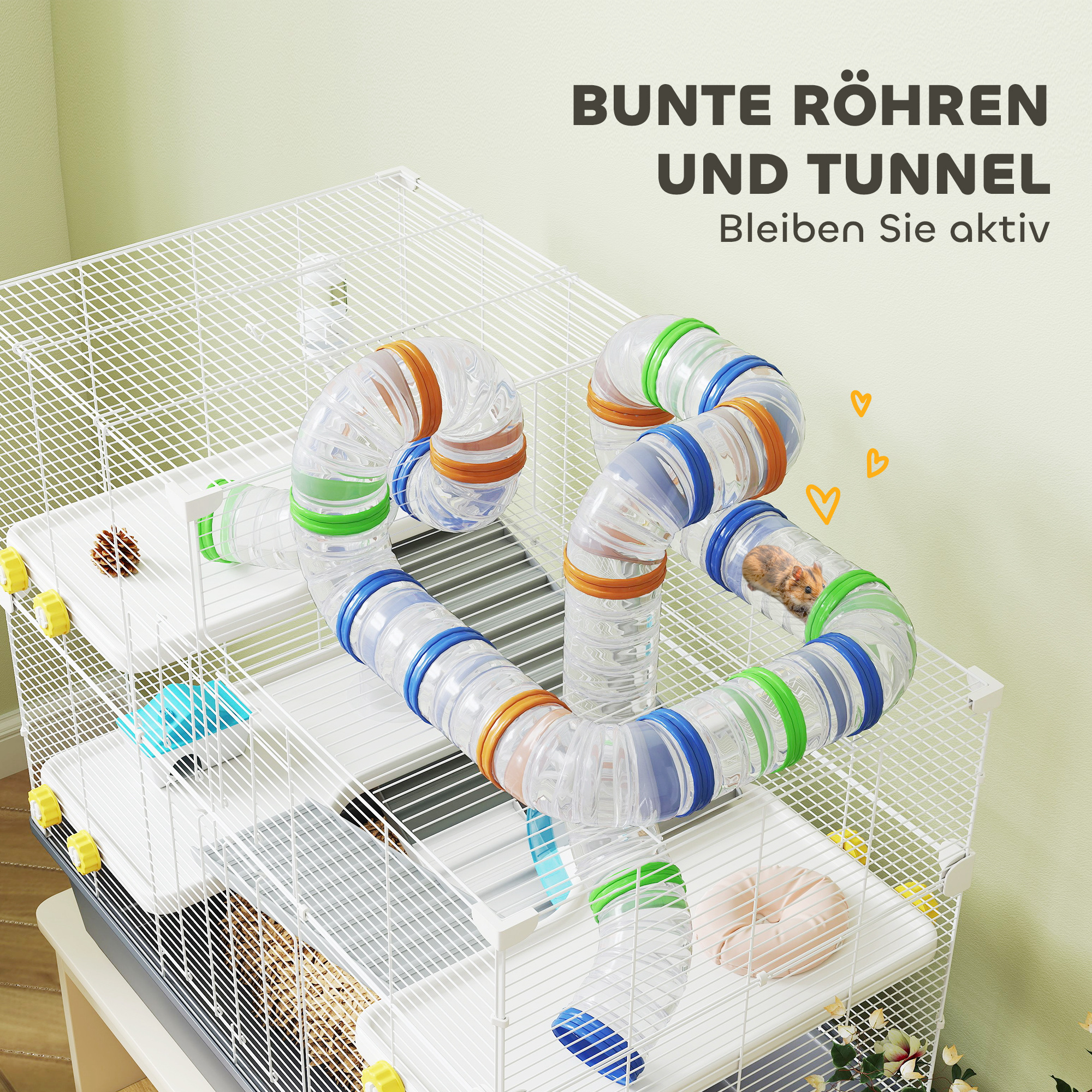 Zwerghamsterkäfig, 4 Ebenen, Tunnelsystem, Hütte, Zubehör, obere Öffnung, 78 x 45 x 73 cm, Grau