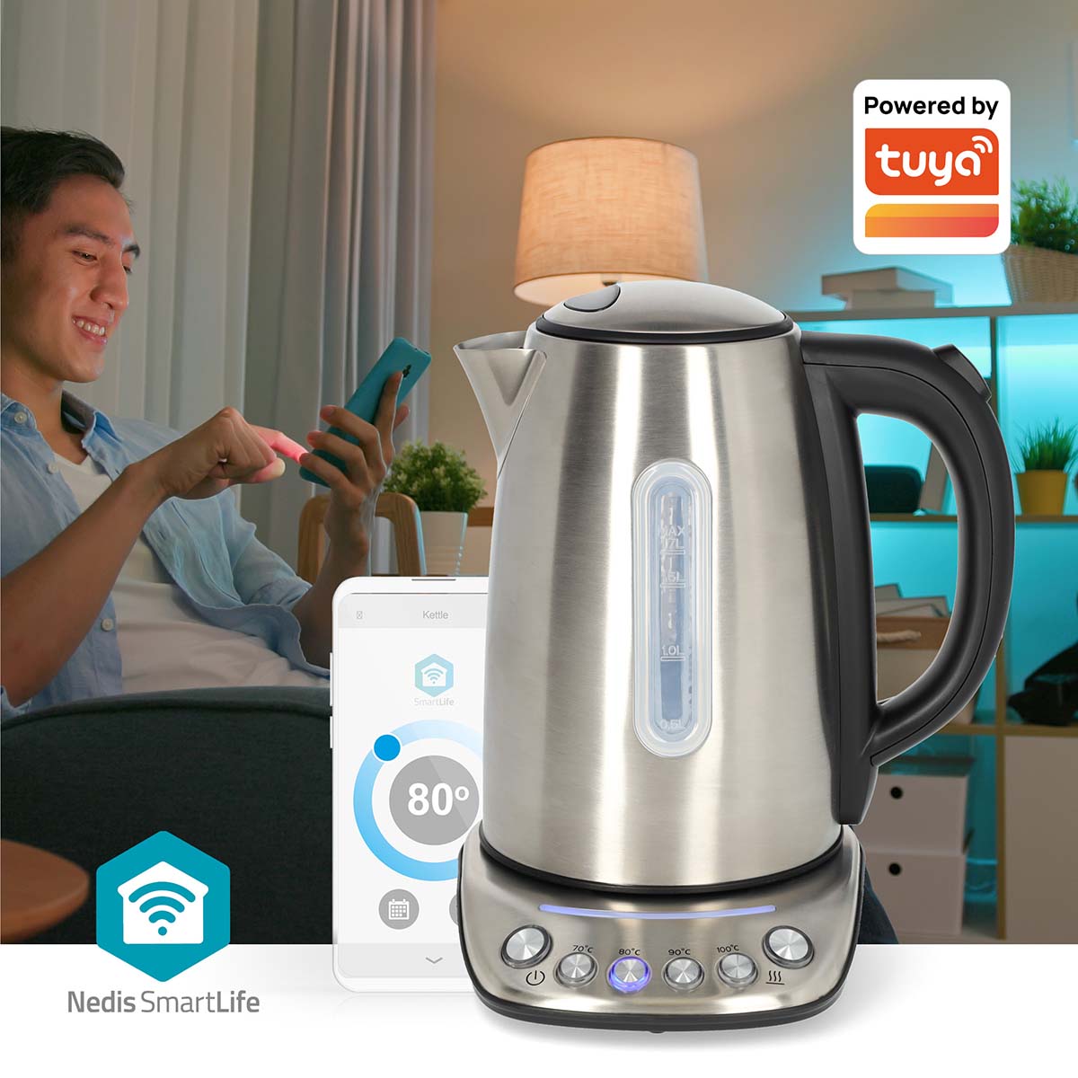 SmartLife Wasserkocher | Wi-Fi | 1.7 l | Edelstahl | 70,80,90,100 °C | Temperaturanzeige | Um 360 Grad drehbar | Verdecktes Heizelement | Strix Controller | Android? / IOS