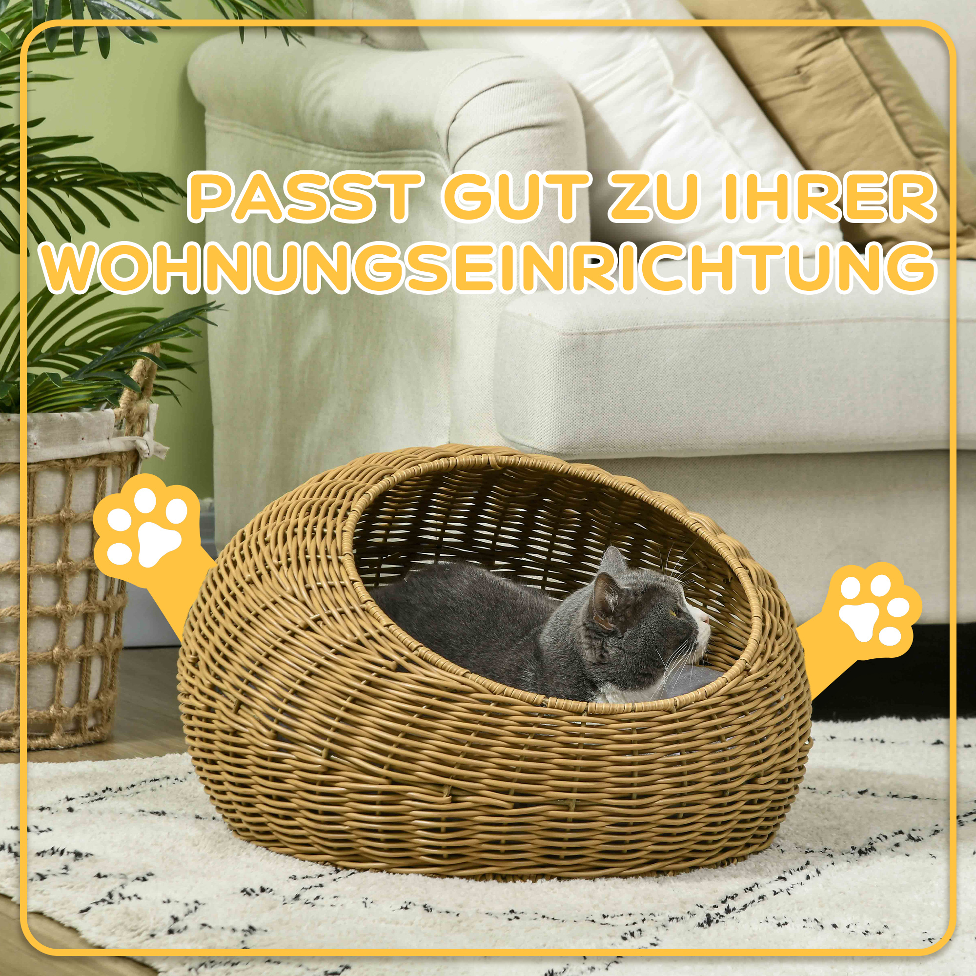 Katzenhöhle mit waschbarem Kissen, für Tiere bis 4 kg, Indoor, Kunst-Rattan, Ø50 x 31 cm, Hellbraun