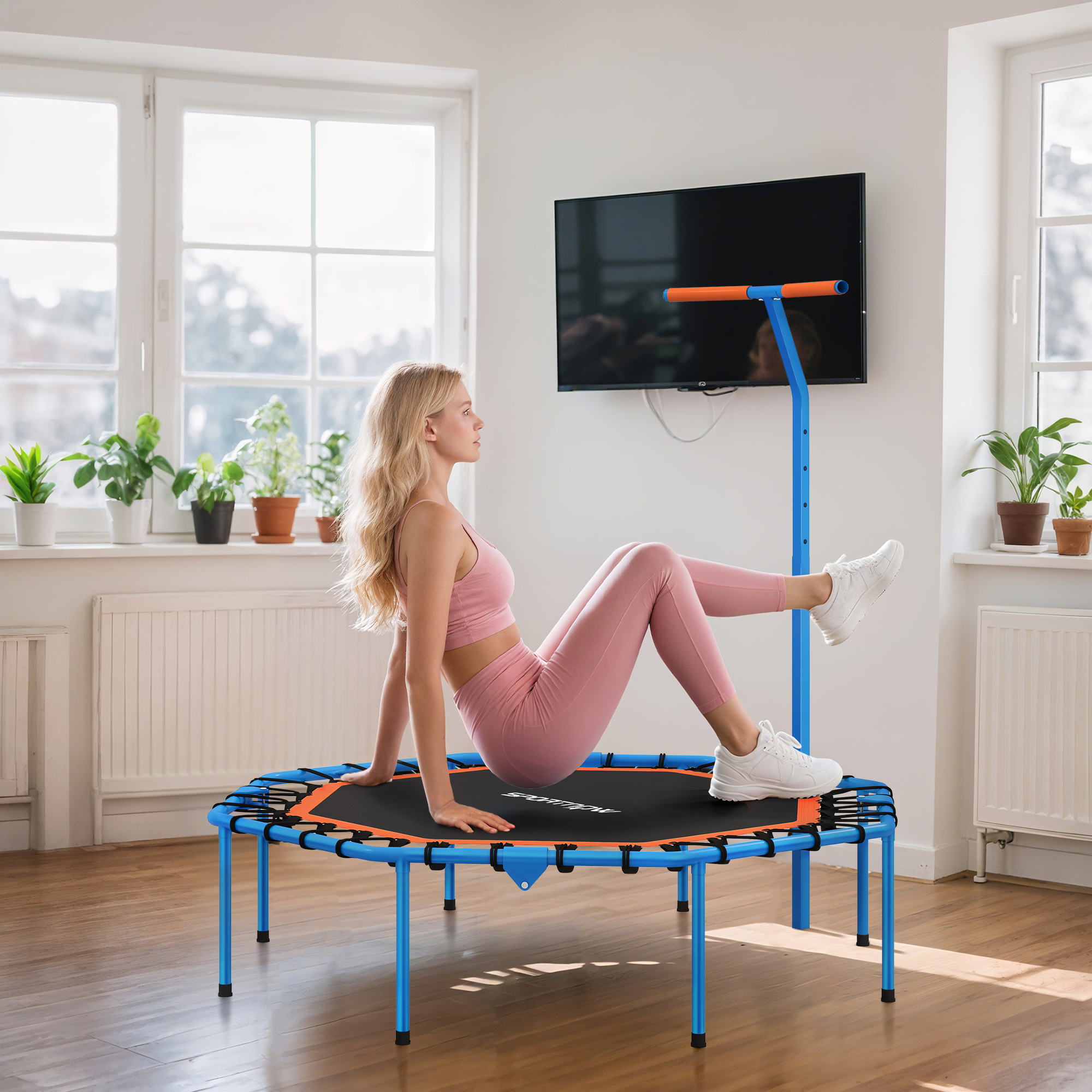 Fitness-Trampolin, Trainingstrampolin mit verstellbarem Haltegriff, stabil und leise, für drinnenf, Stahl, Blau