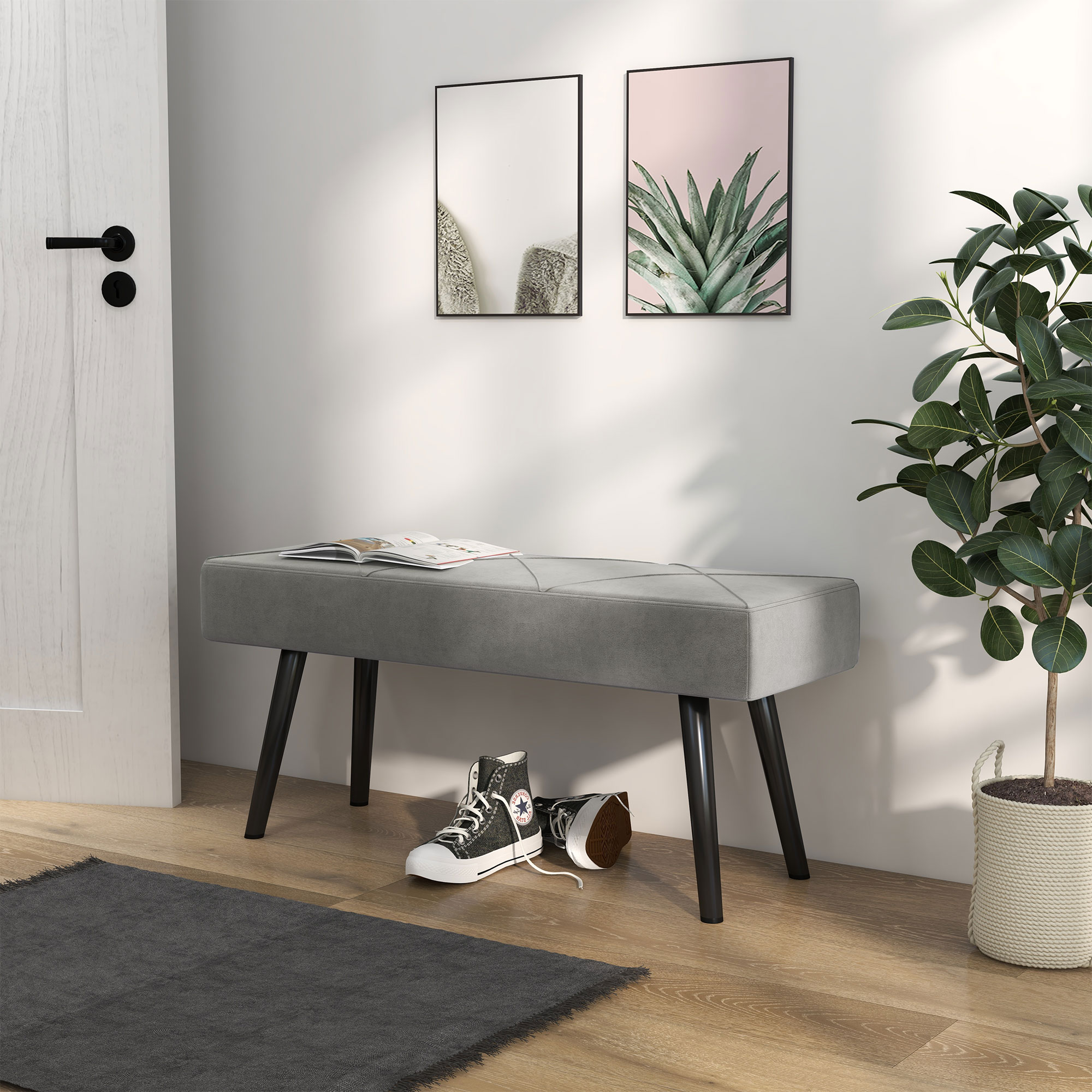 Sitzbank Polsterbank Bettbank, Samtoptik, 100 x 36 x 45 cm, Grau