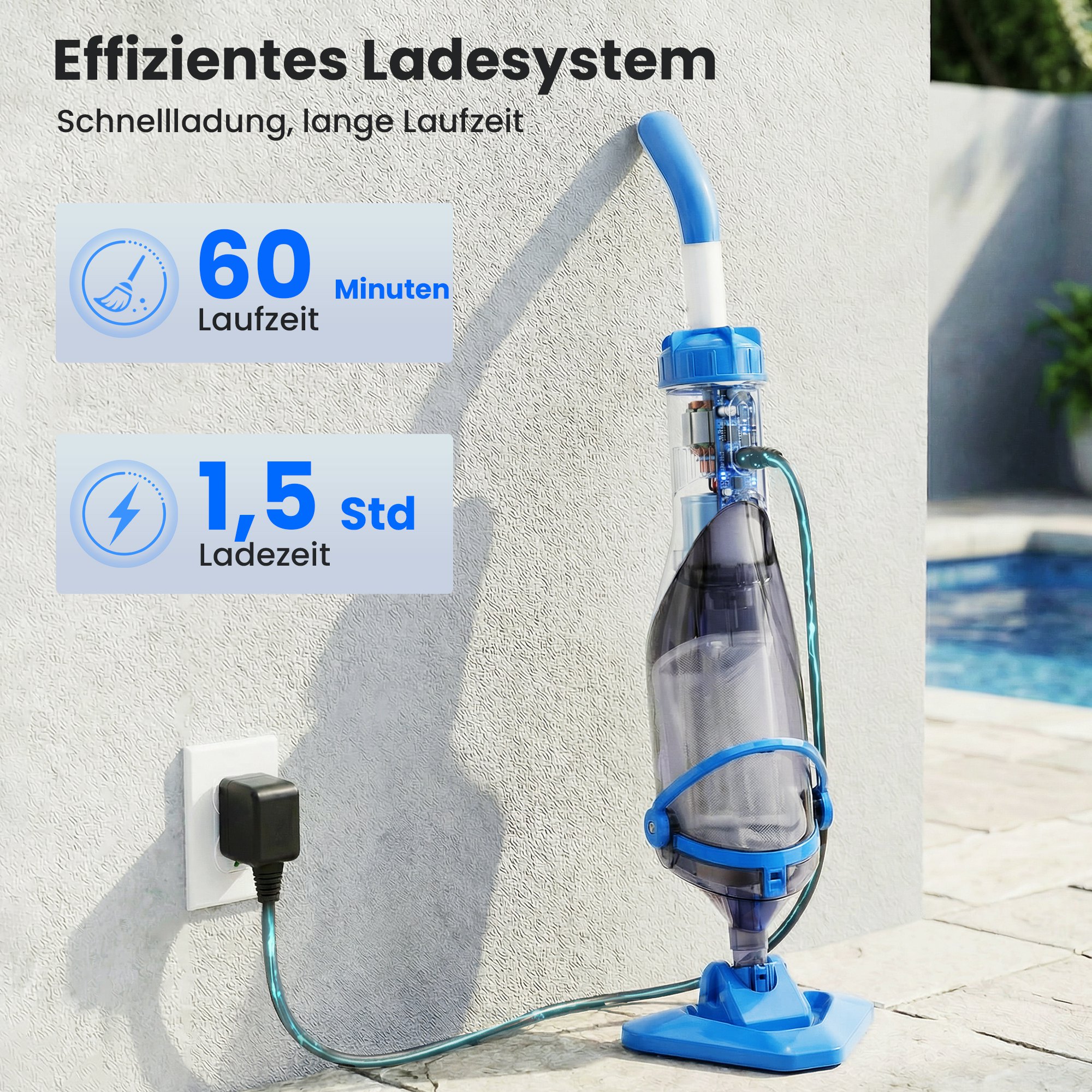 Poolreiniger, kabelloser Poolstaubsauger mit 63-150 cm verstellbarem Stiel und Bürste für kleine Pools, Whirlpools und Teiche