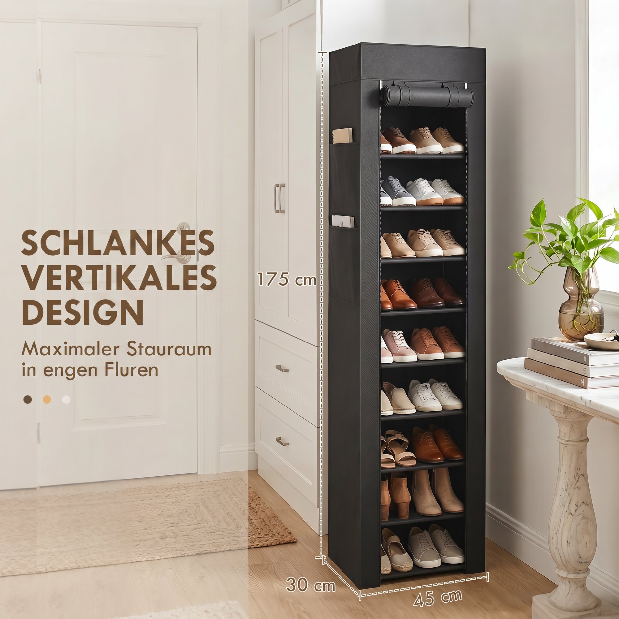 Schuhregal aus Metall mit staubdichtem Stoffbezug, für bis zu 20 Paar Schuhe, 45 x 30 x 175 cm, Schwarz