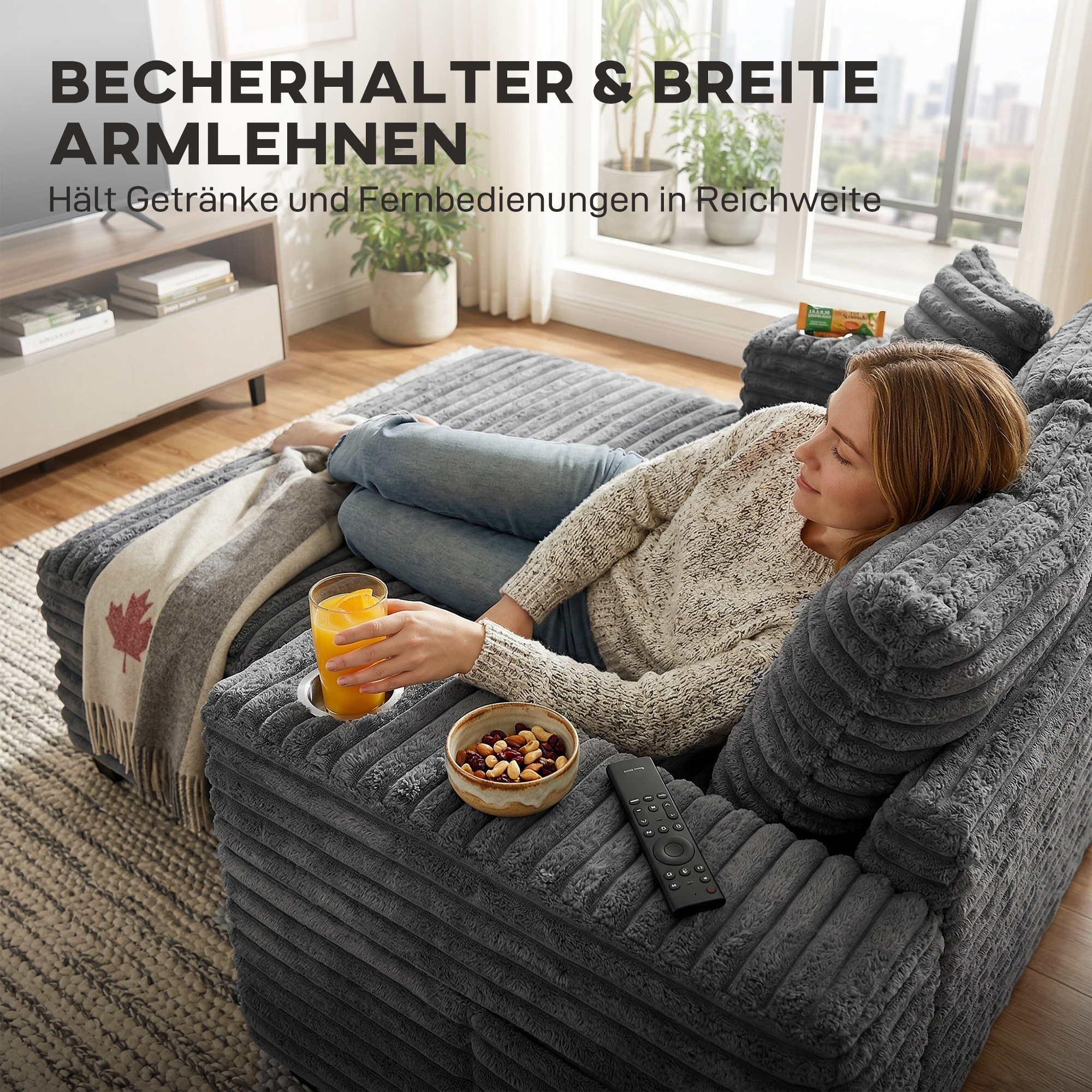 Chaiselongue 2 Sitzer Groß Schlafsofa 134 x 151 cm mit Becherhalter für Wohnzimmer, Grau