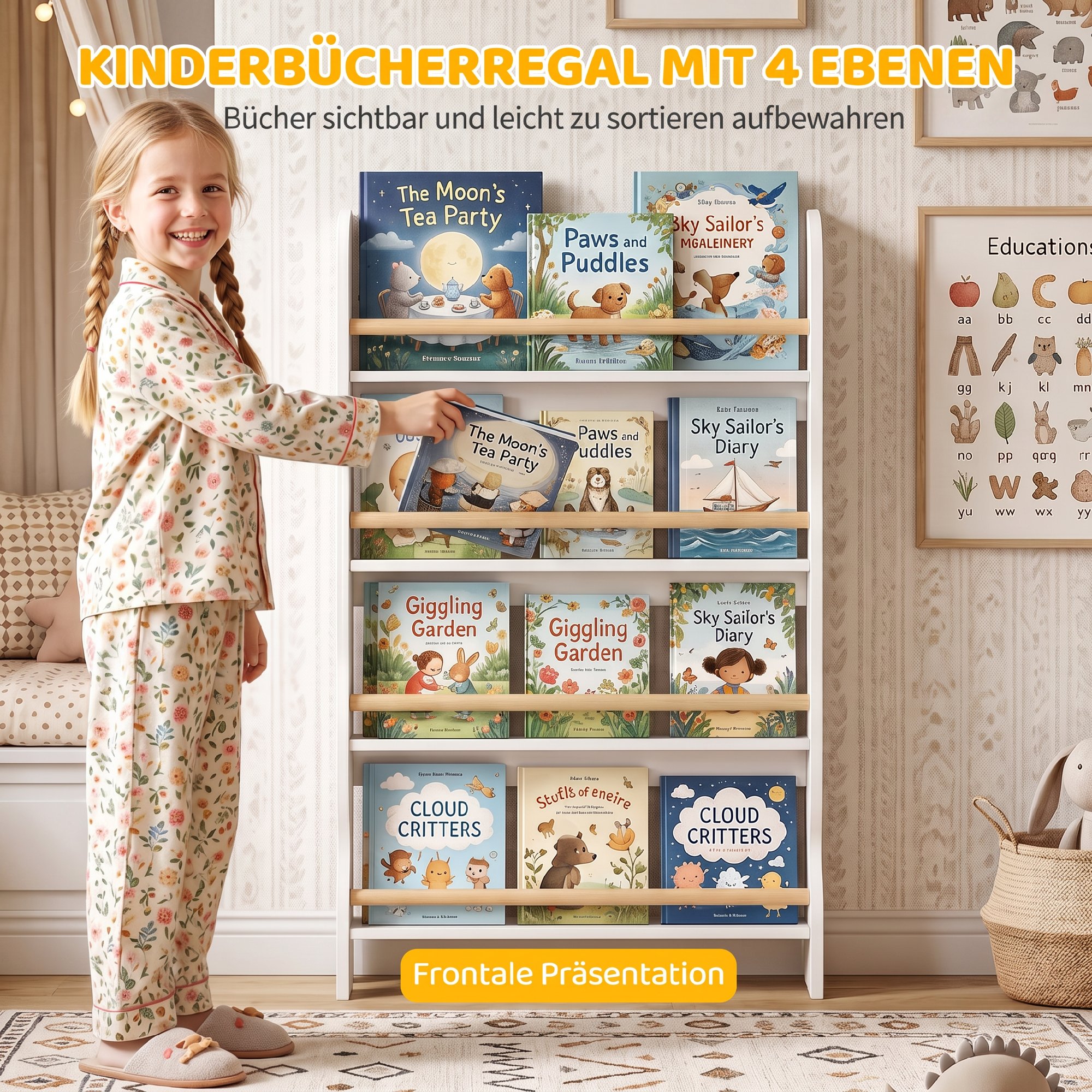 Bücherregal Kinder, Kinderregal mit 4 Regal, Wandregal mit Kippschutz Montessori 60 x 10 x 98 cm, Weiß