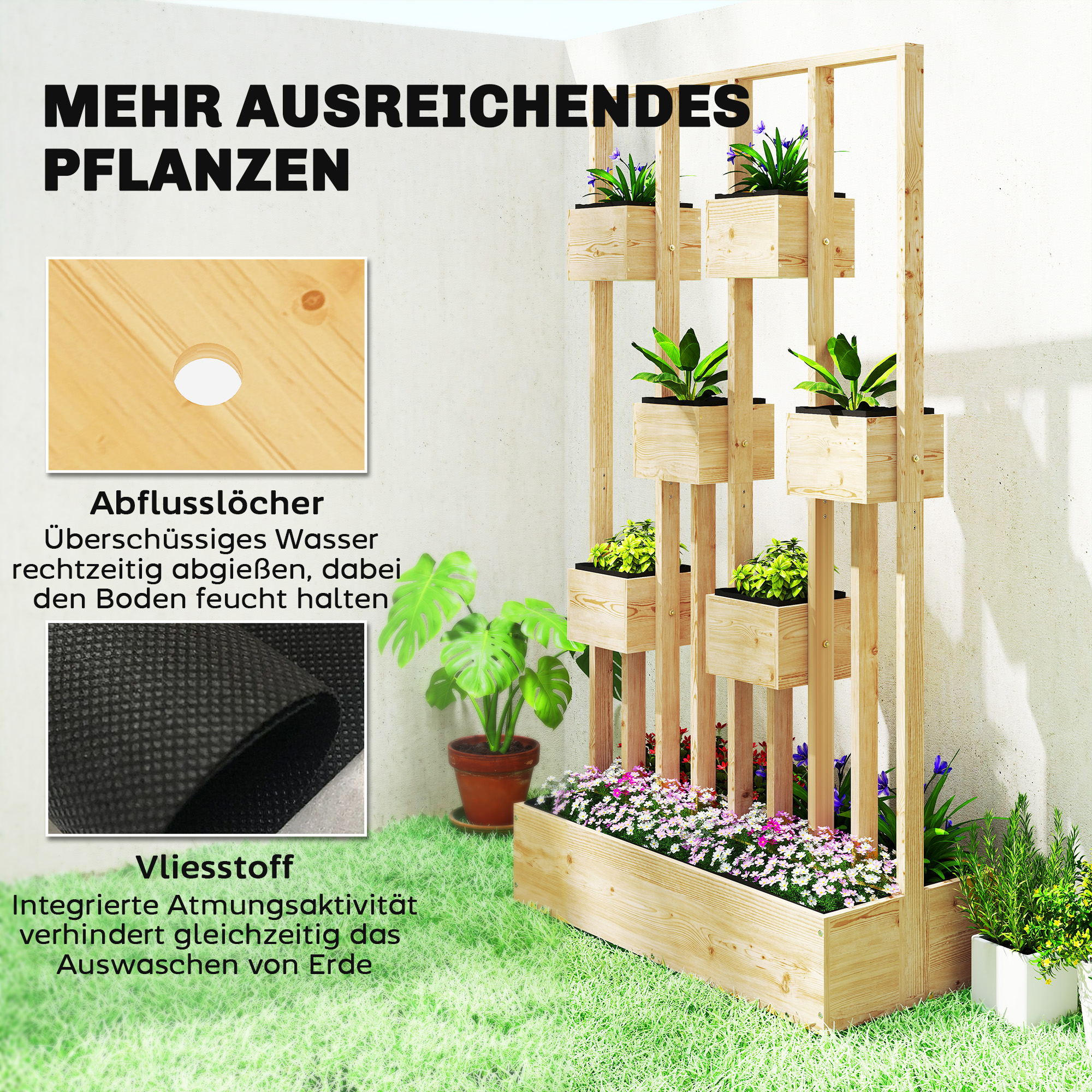 Hochbeet mit Rankgitter Körbe, Holz Pflanzkasten Pflanzkübel Blumenkasten, 90 x 45 x 170 cm