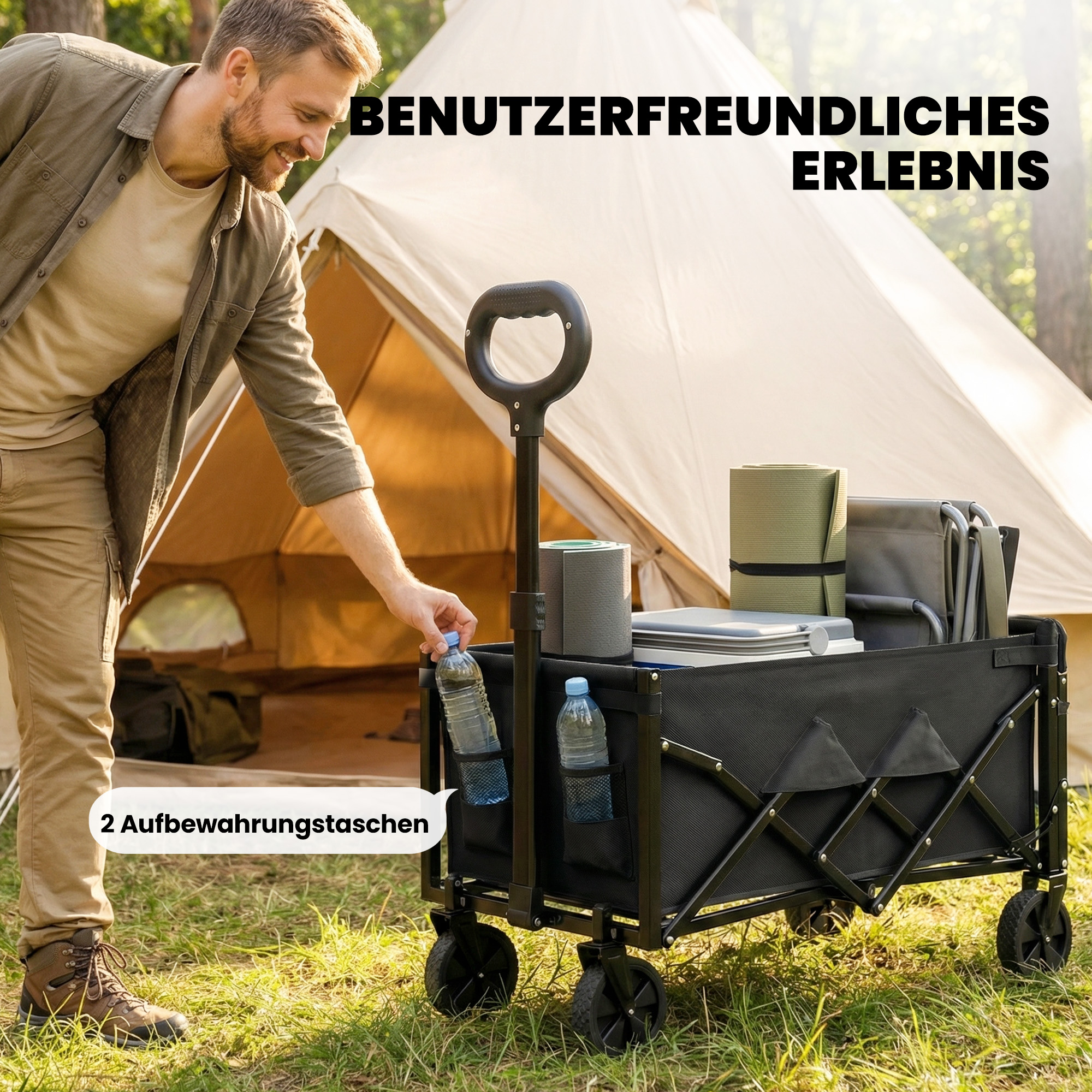 Bollerwagen 60L Faltbarer Handwagen Gartenwagen Transportwagen mit Teleskop Griff Heckklappe Getränkehalter