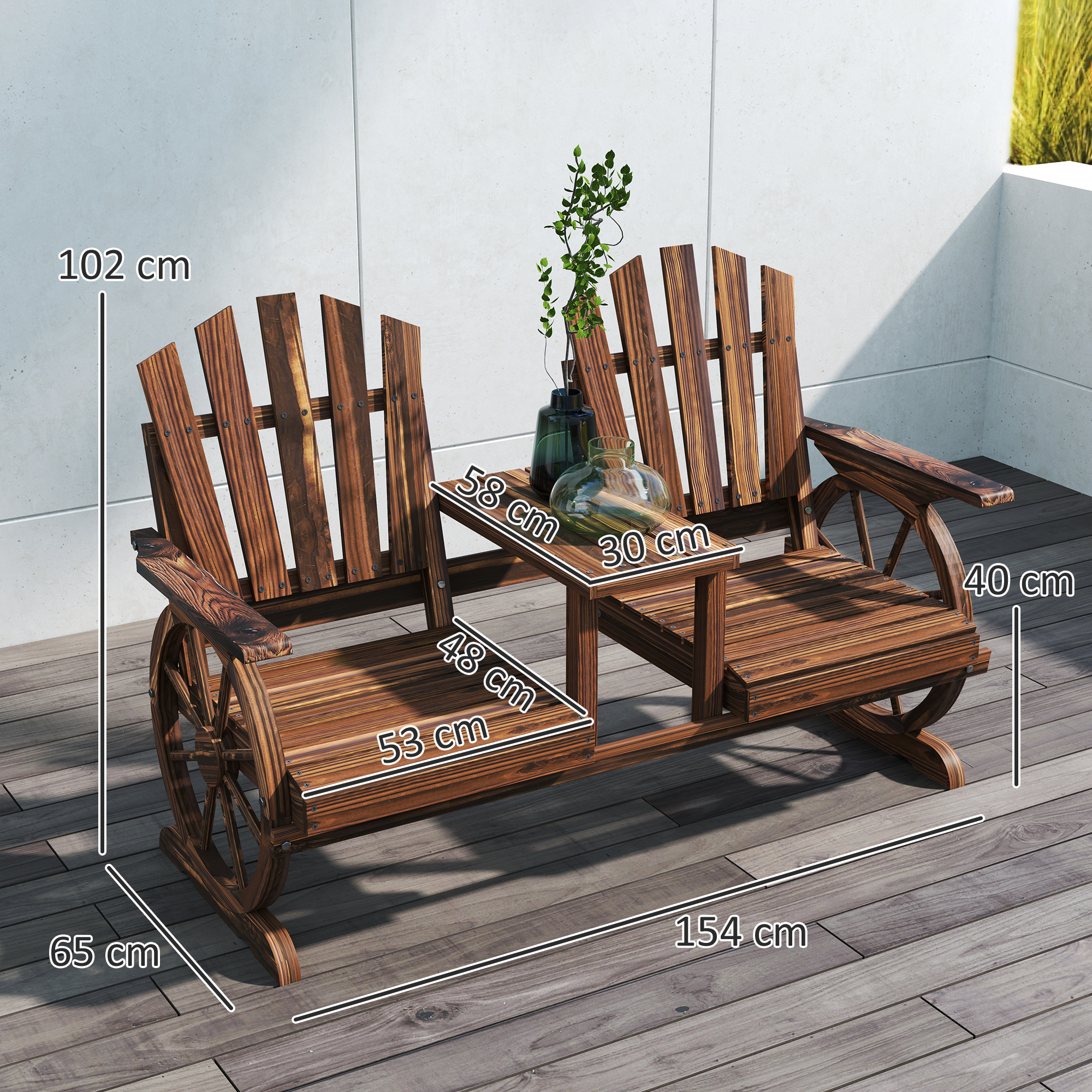 2-Sitzer Gartenbank Holz, wetterfest Sitzbank, mit Schirmloch, Beine im Wagenradform 154 x 65 x 102 cm Verkohlt