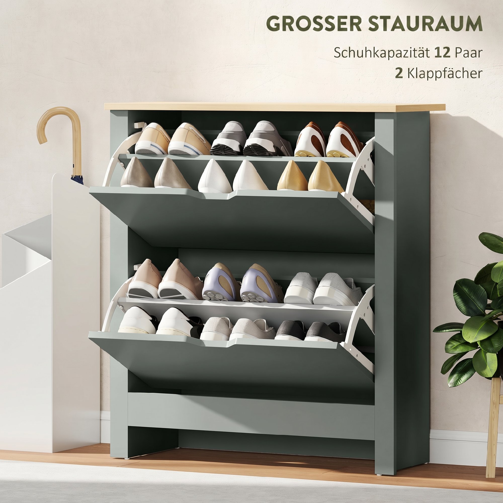 Schuhschrank mit 2 Klappfächern, verstellbar Trennwand für 8-12 Paar Schuhe, 72 x 26 x 80 cm, Hellgrau