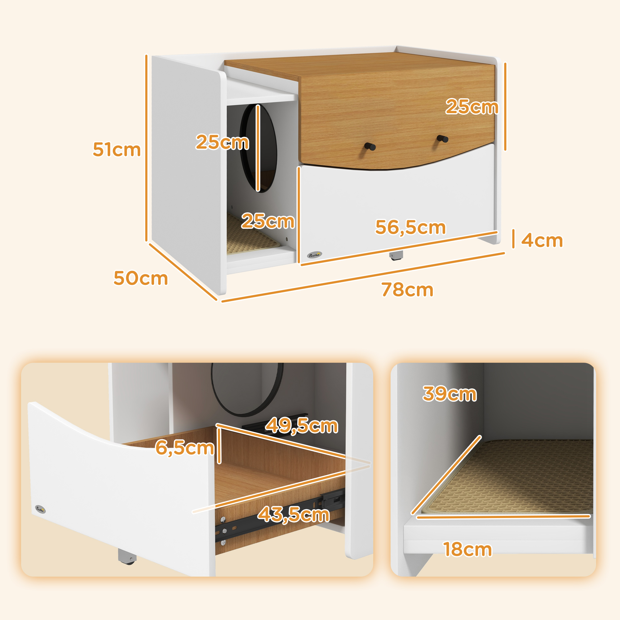 Katzentoilette, ausziehbar, Schrankdesign, Streufach, 78x50x51cm, Eiche/Weiß