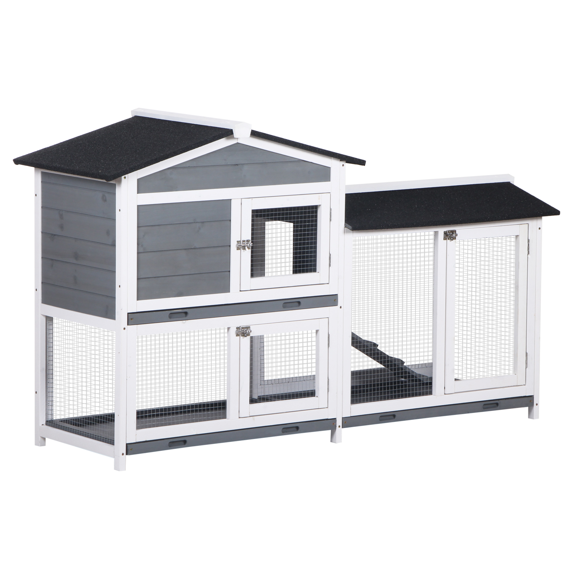 Hasenstall Kaninchenstall mit Freilaufgehege Rampe Kleintierstall aus Holz mit 2 Etagen Bodenwanne 157,4x53x93,5cm Grau