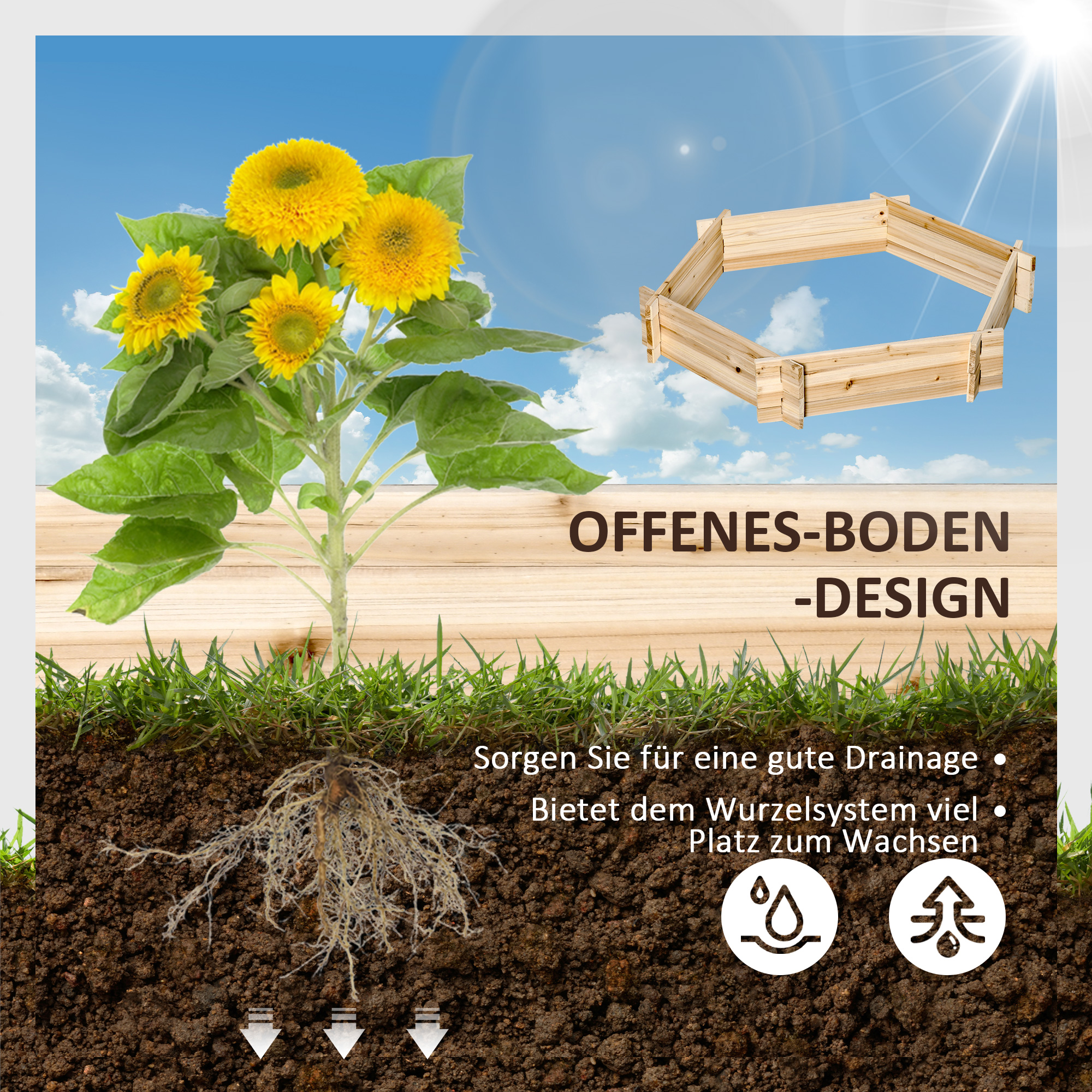 Hochbeet sechseckig DIY Pflanzkübel Pflanzkasten aus Holz für Garten Balkon Natur 100 x 92 x 16 cm
