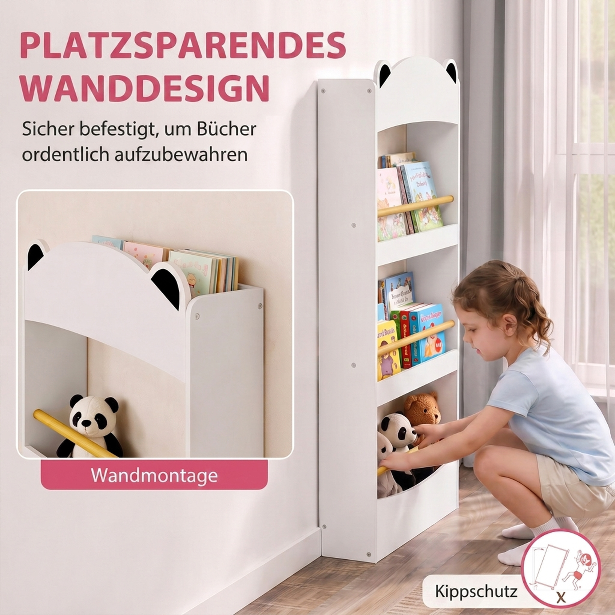 Bücherregal Kinder, Wandmontiert Kinderregal mit 4 Ebenen, Wandregal mit bärenförmige Design, 50 x 15 x 97 cm Weiß