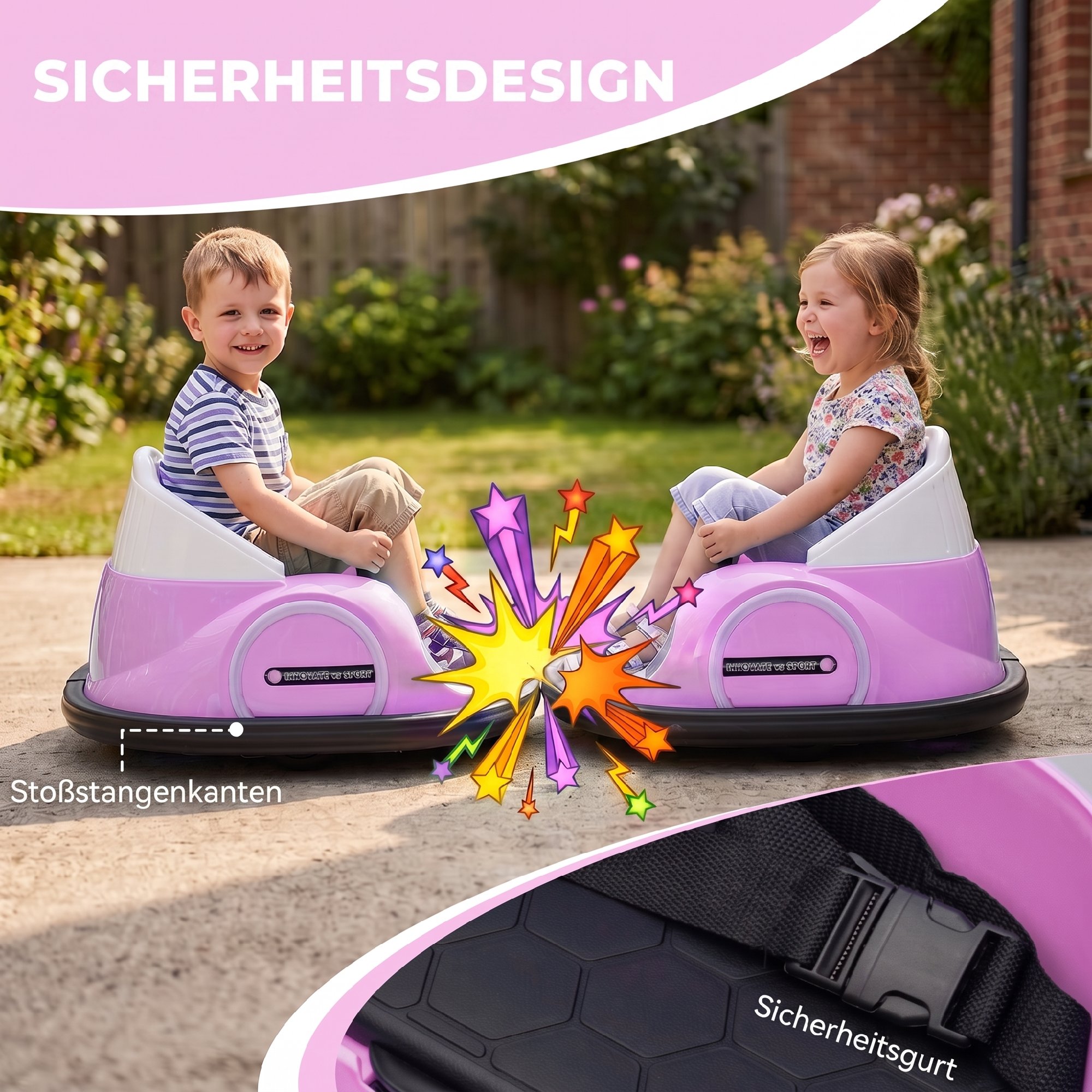 Autoscooter, 360° Rotation, 2 km/h Geschwindigkeit, Sicherheitsgurt, LED-Lichter, Musik und Hupe, Rosa