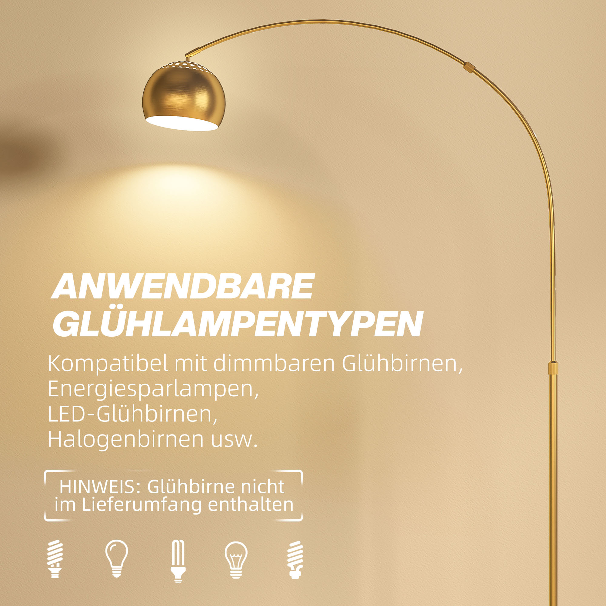 Stehlampe, Bogen-Design mit Marmorsockel, 180 cm, Schwarz+Gold
