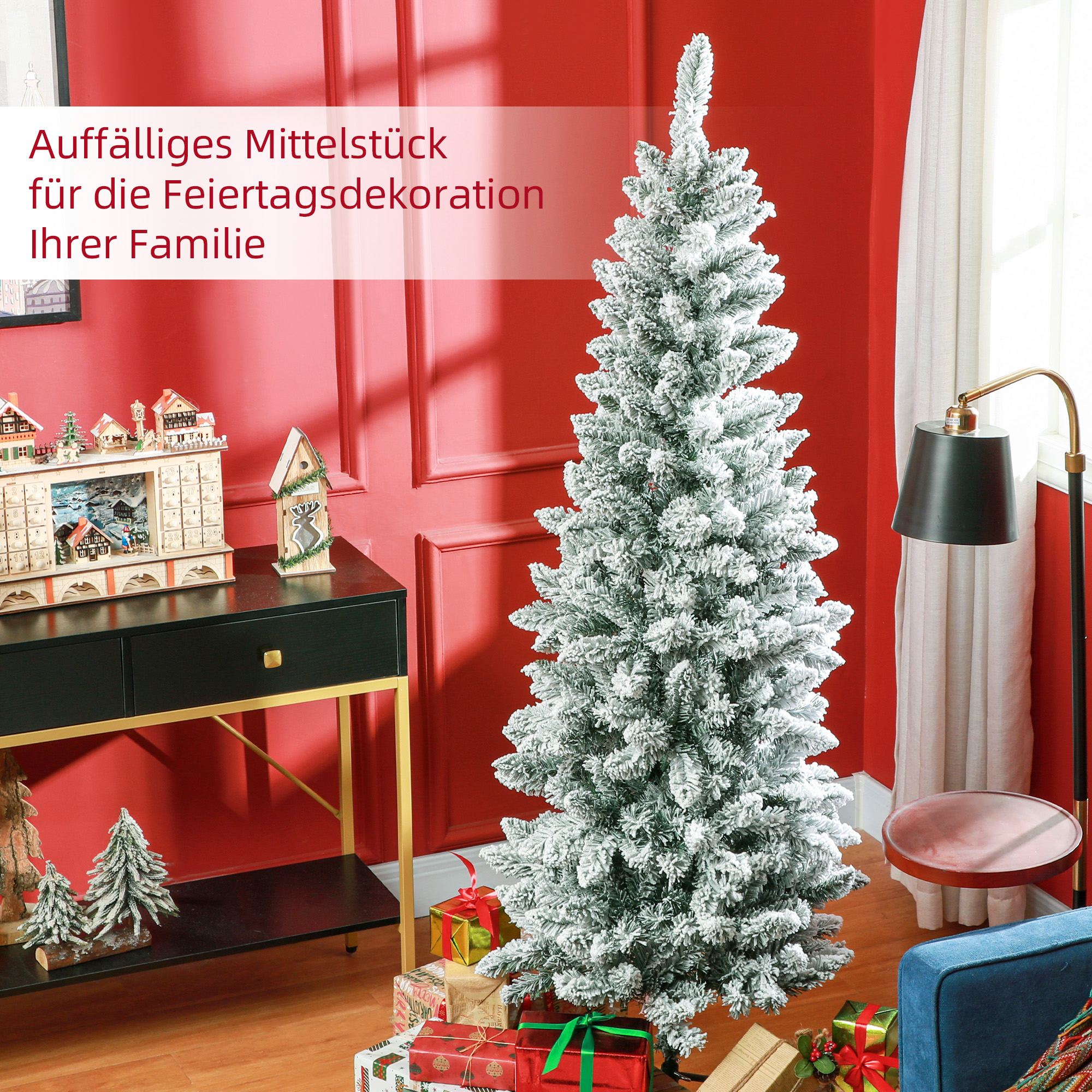 Künstlicher Weihnachtsbaum, schlanke Form, Kunstschnee, dreiteilig, flammhemmend, Metallfuß, 180 cm, Grün