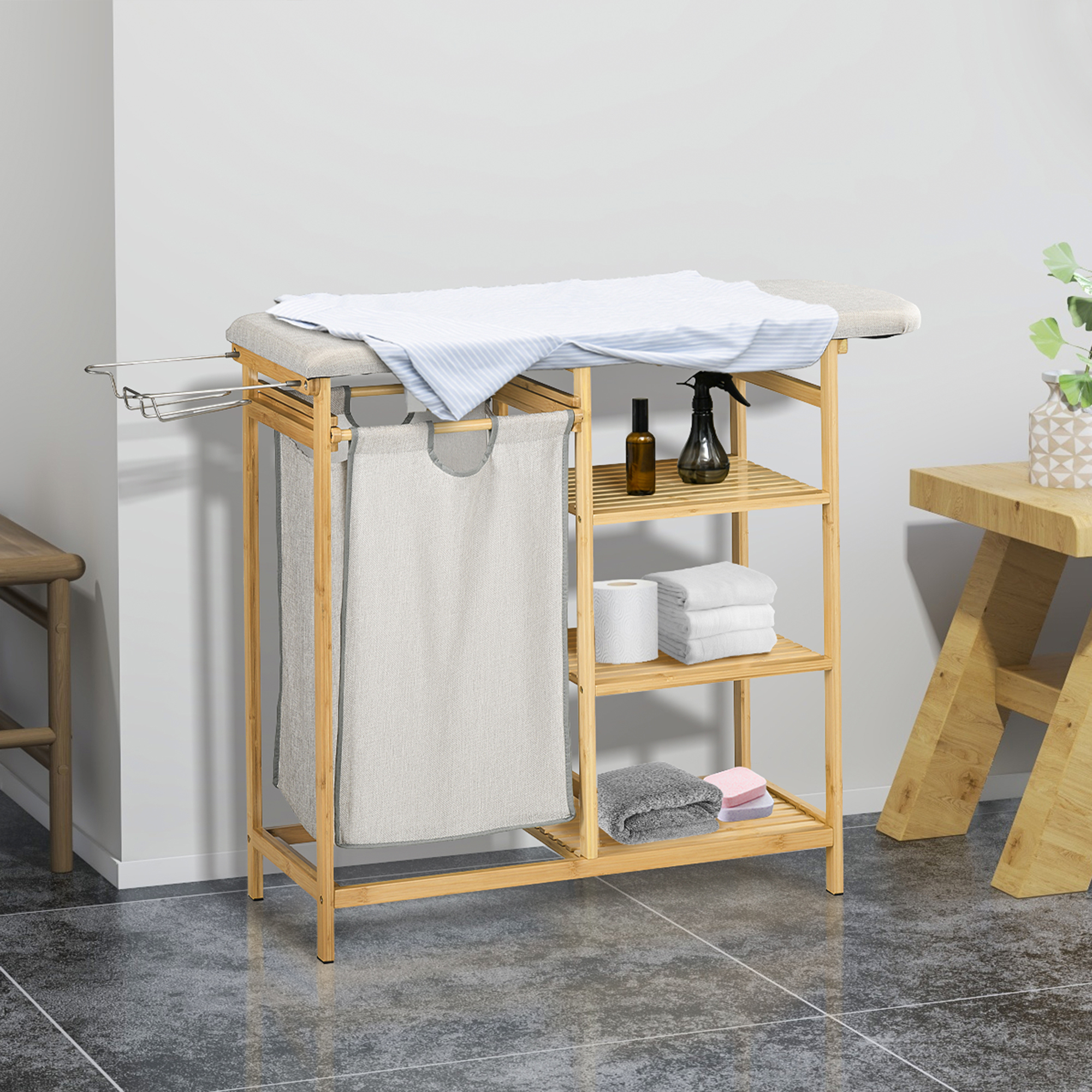 Wäschesammler, multifunktional, Bügelbrett & Stoffsack 57L, Bambusgestell, 113x34x82cm, Natur/Grau