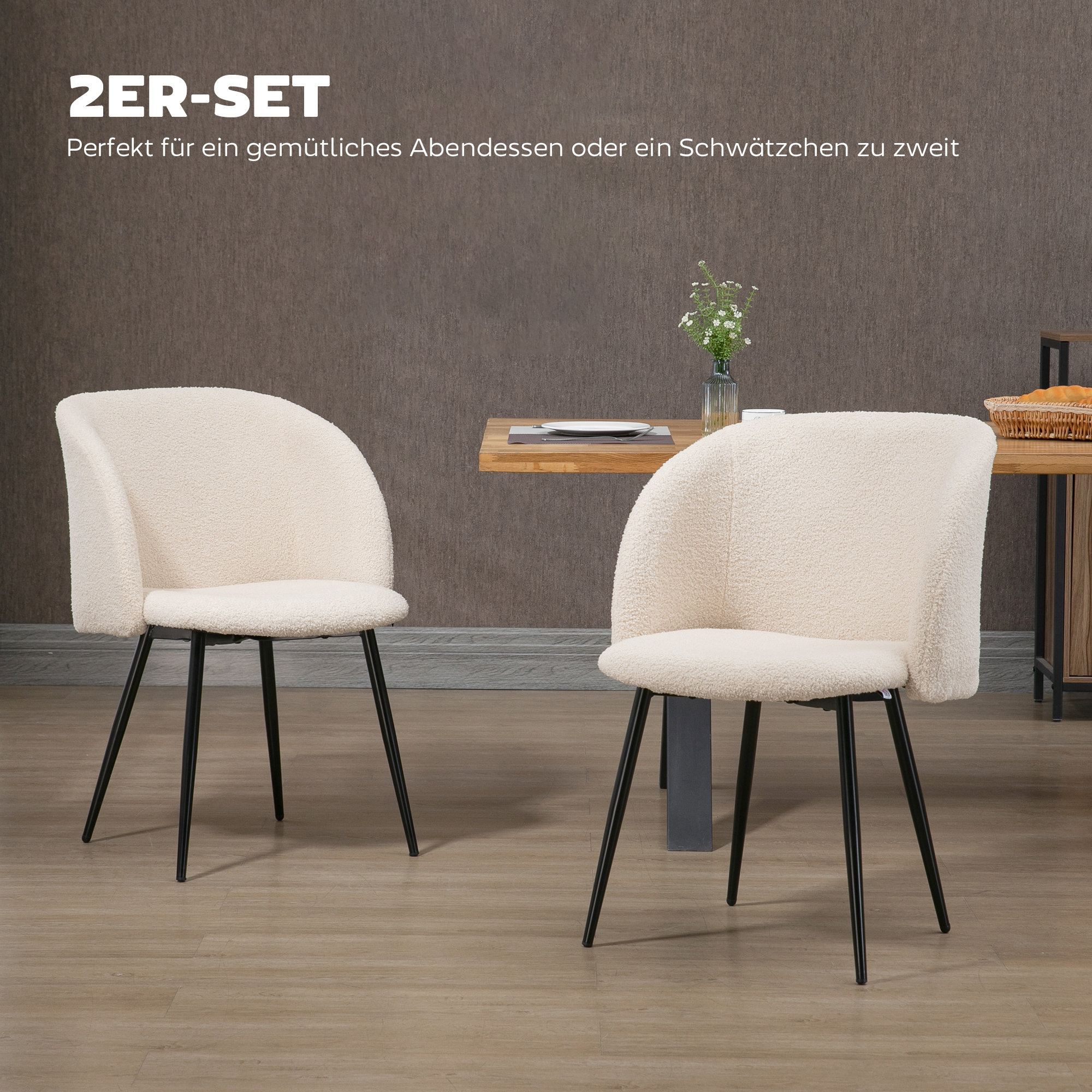 2er-Set Esszimmerstühle, Polsterstühle mit Stoffbezug, Küchenstühle mit Stahlbeinen, gewölbte Rückenlehne, Cremeweiß