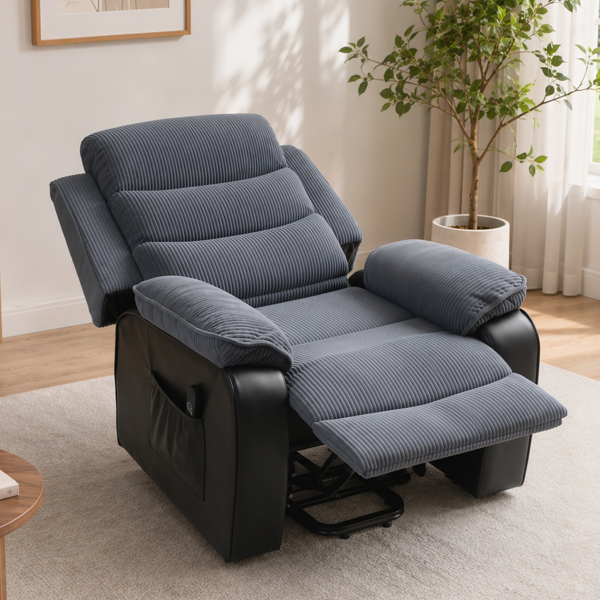 Aufstehsessel mit weichem Cordbezug, Recliner-Sessel mit Fernbedienung und Seitentaschen, Dunkelgrau