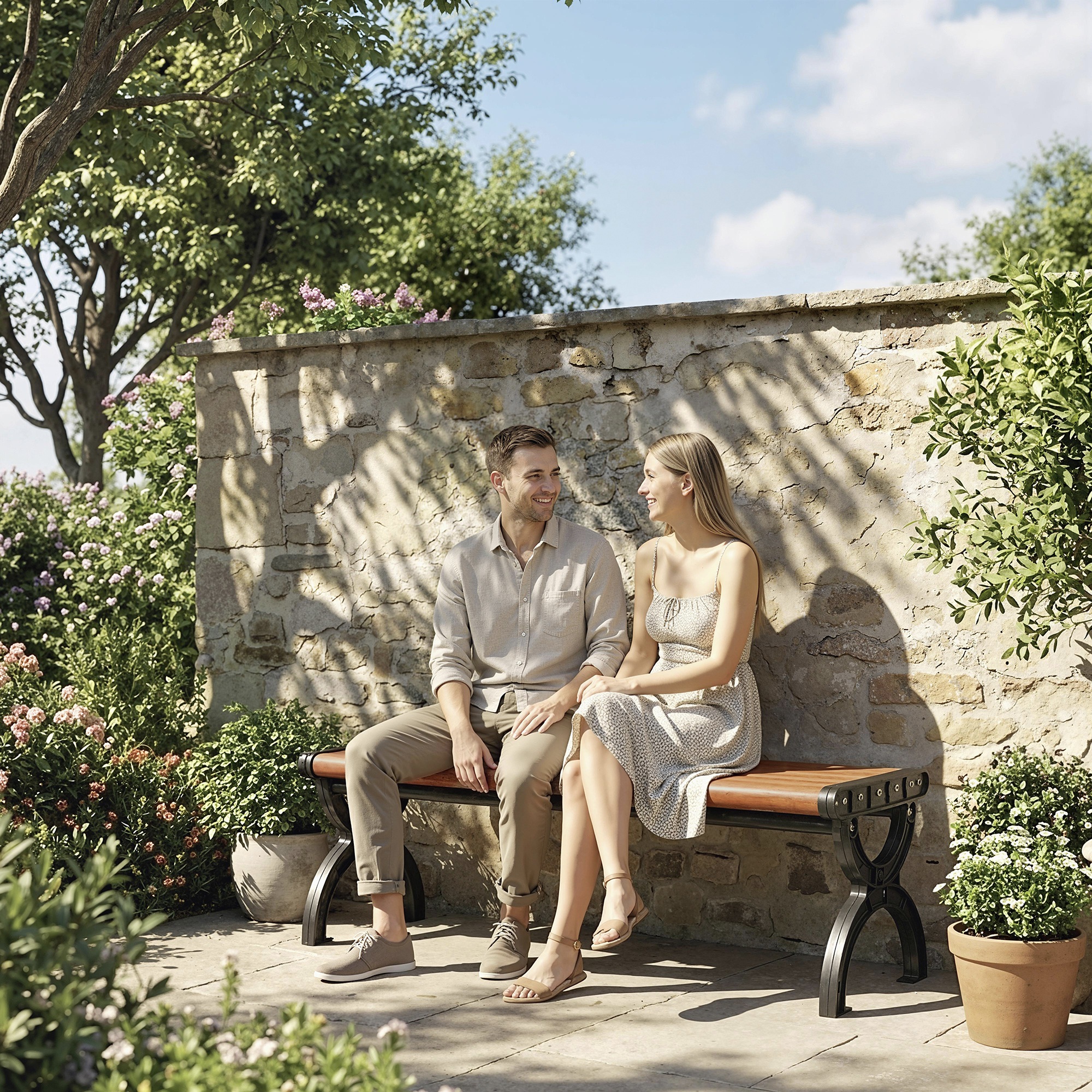 Gartenbank 2-Sitzer, Outdoor-Bank mit Metallrahmen und Latten-Sitz, Terrassenmöbel für Garten und Terrasse