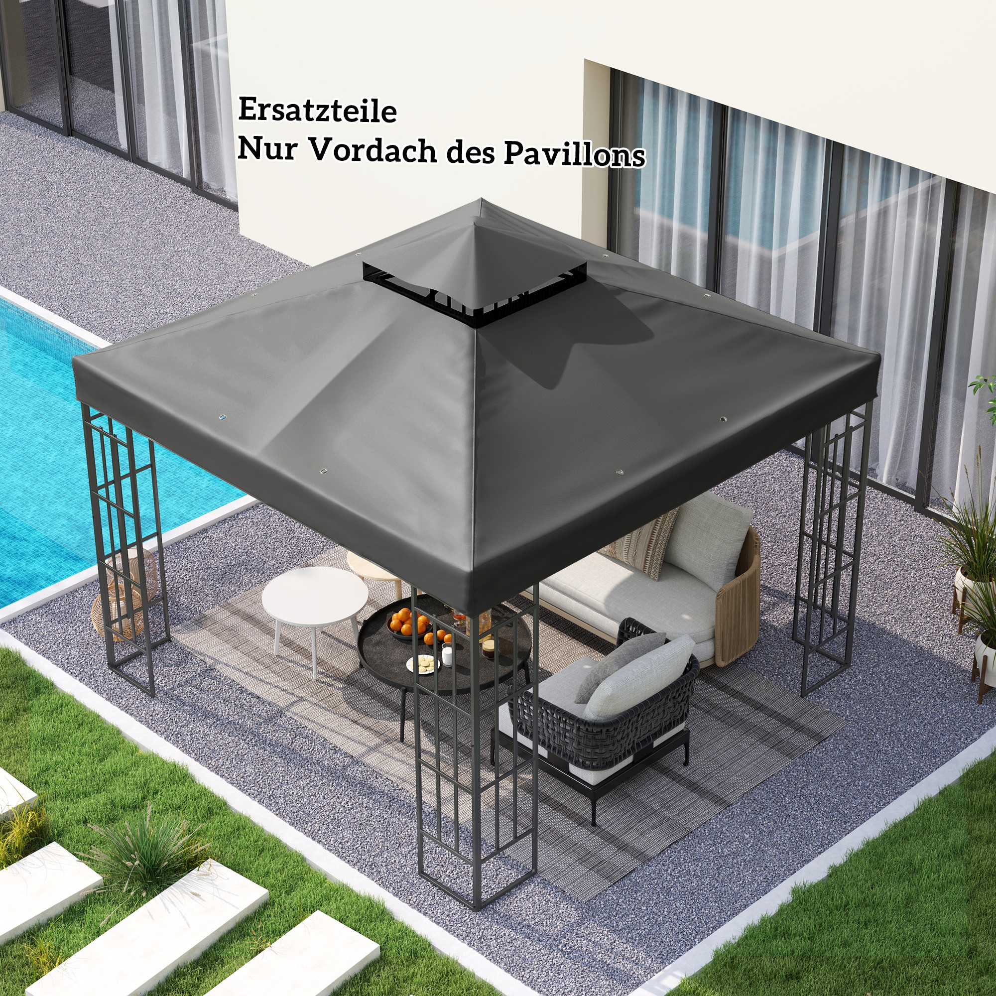 3 x 3 m Ersatzdach für Pavillon, Pavillon-Ersatzplane mit Wasserablauf-Löchern, UPF30+, Sonnenschutz, Dunkelgrau