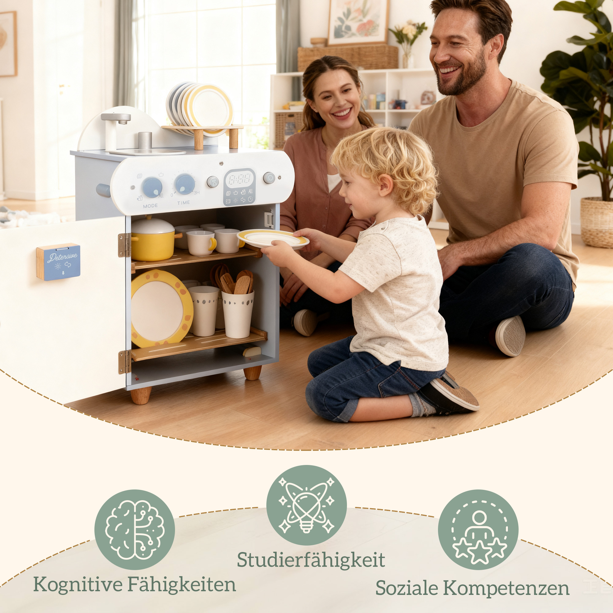 Spülküchen-Set, Holzgeschirrspüler für Kinder, 32 Zubehör-Teile, MDF, für Kinder ab 3 Jahren, Hellblau