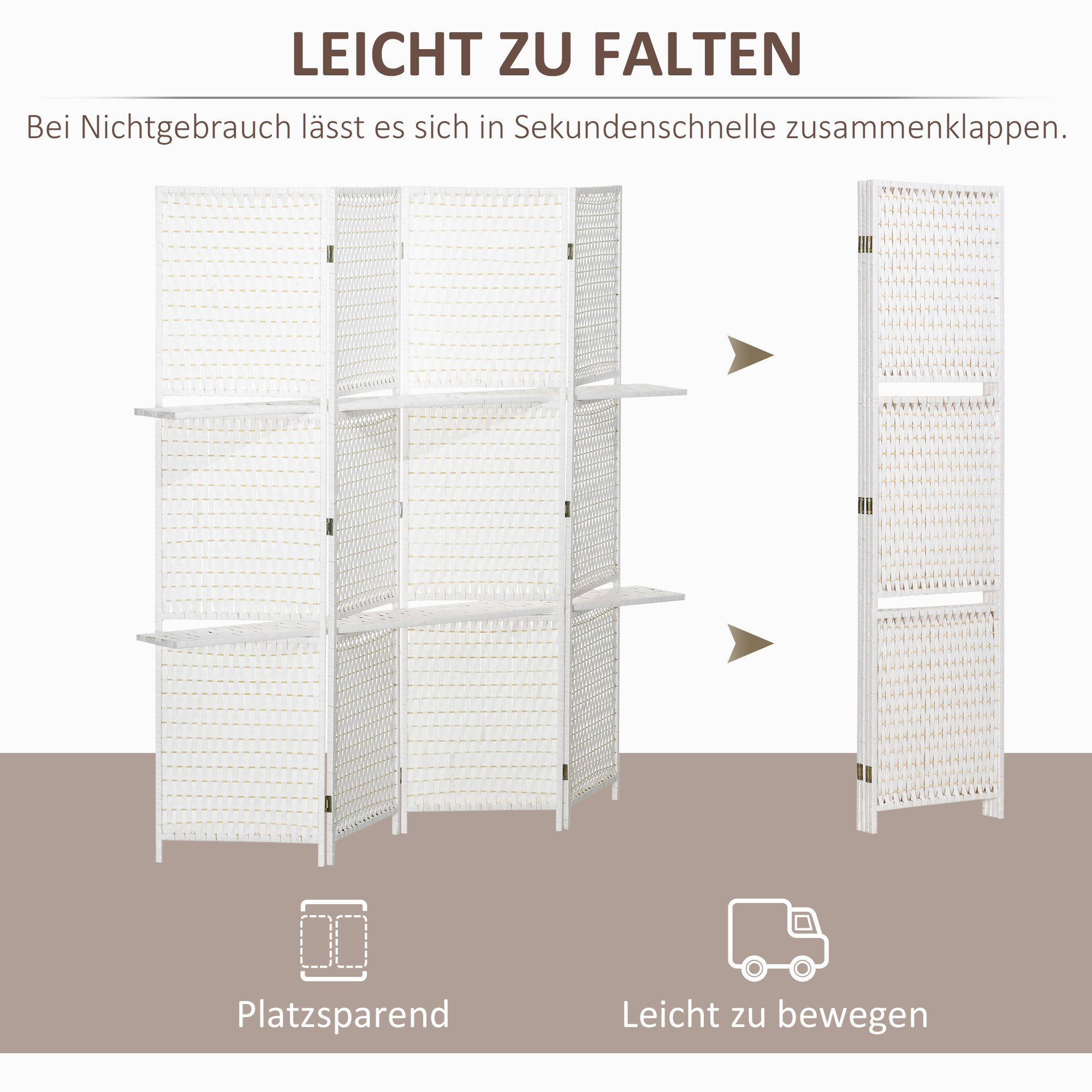 Paravent 4-teilig 181 x 180 cm Faltbar Raumteiler mit 2 Regalen aus Kiefernholz, Bambus für Schlafzimmer, Weiß