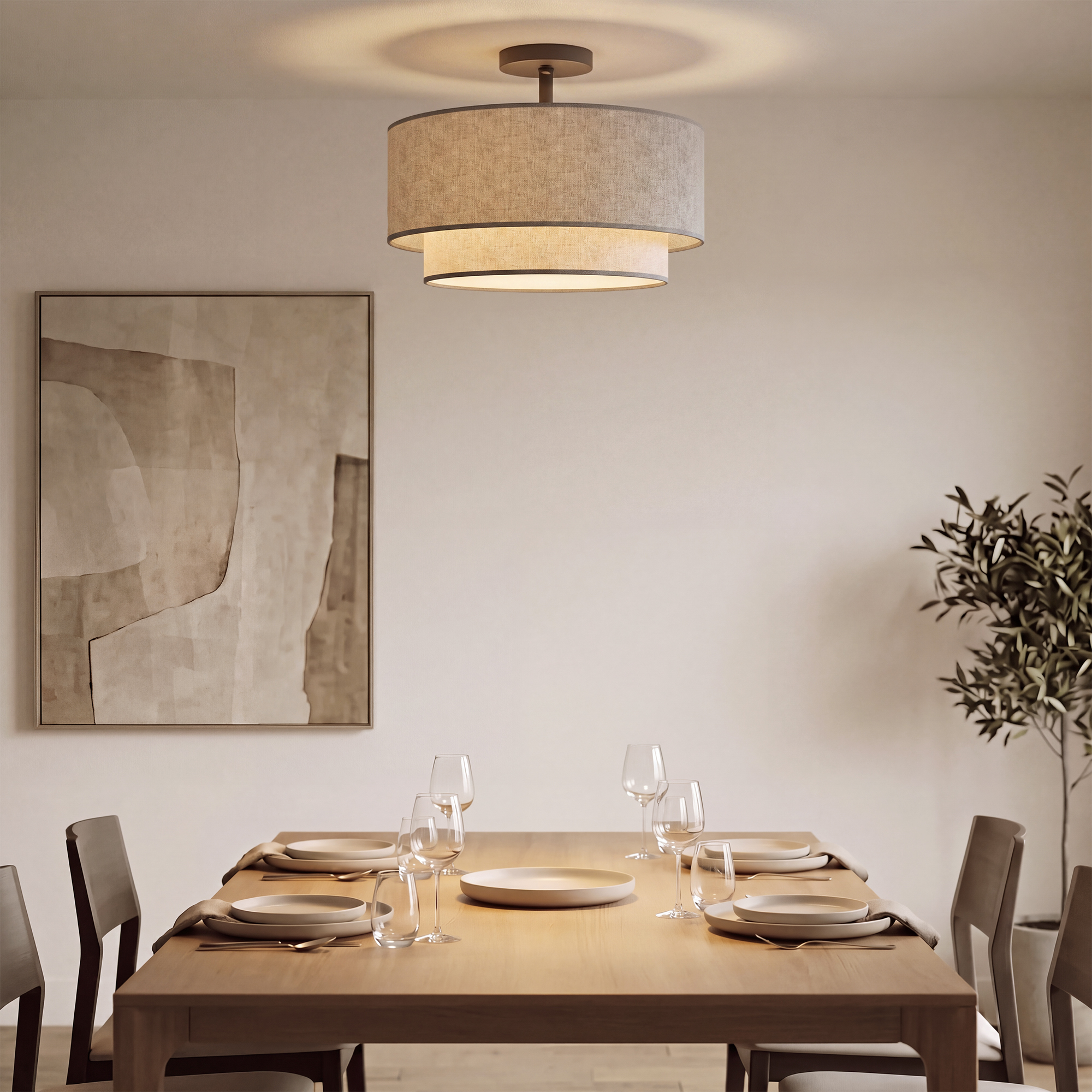 Deckenlampe, Hängeleuchte mit doppelten Schirmen in Leinenoptik, Taupe