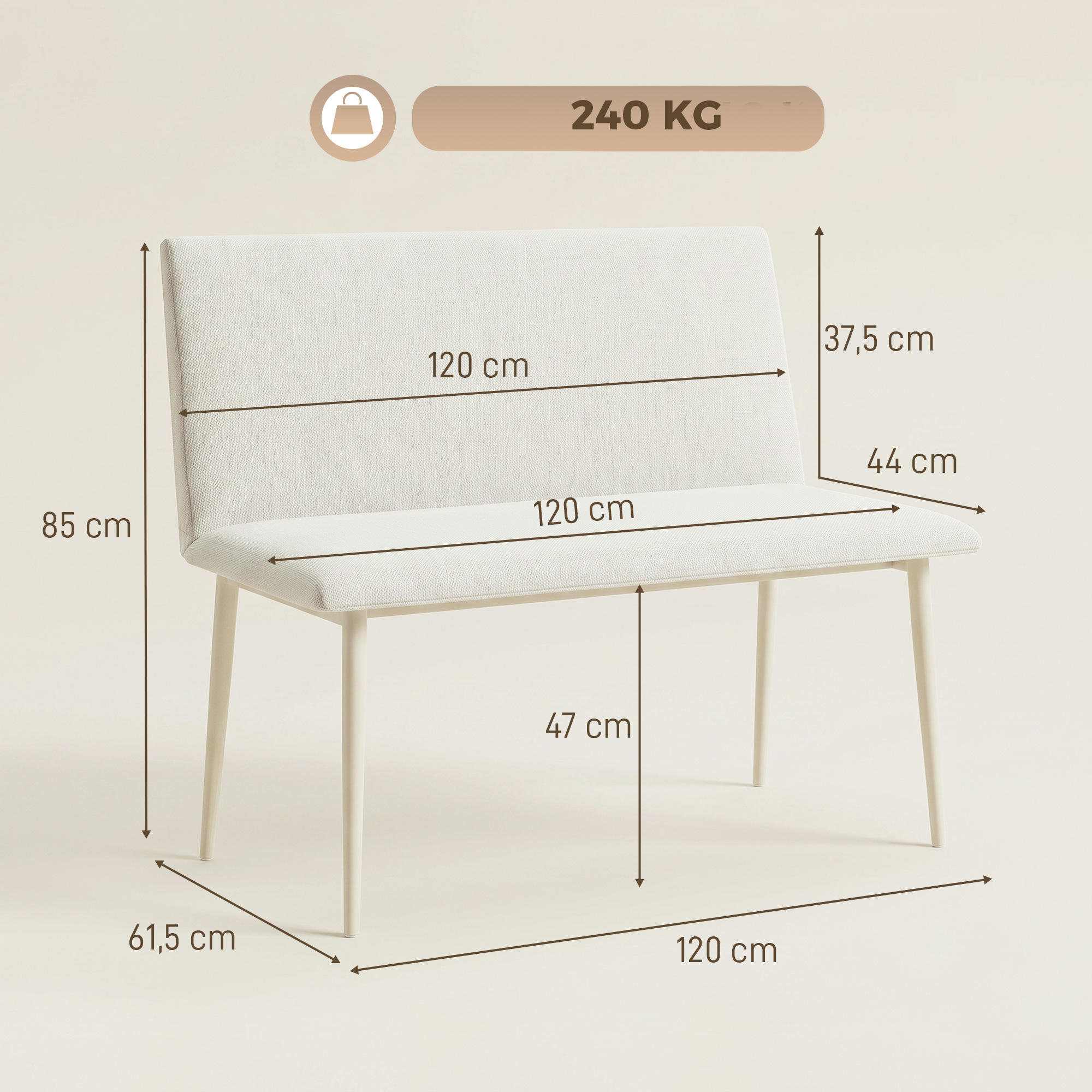 Esszimmerstuhl ohne Armlehnen, Stoff in Leinenoptik, Küchenstuhl mit Rückenlehne und Metallbeinen, für Wohnzimmer, Creme