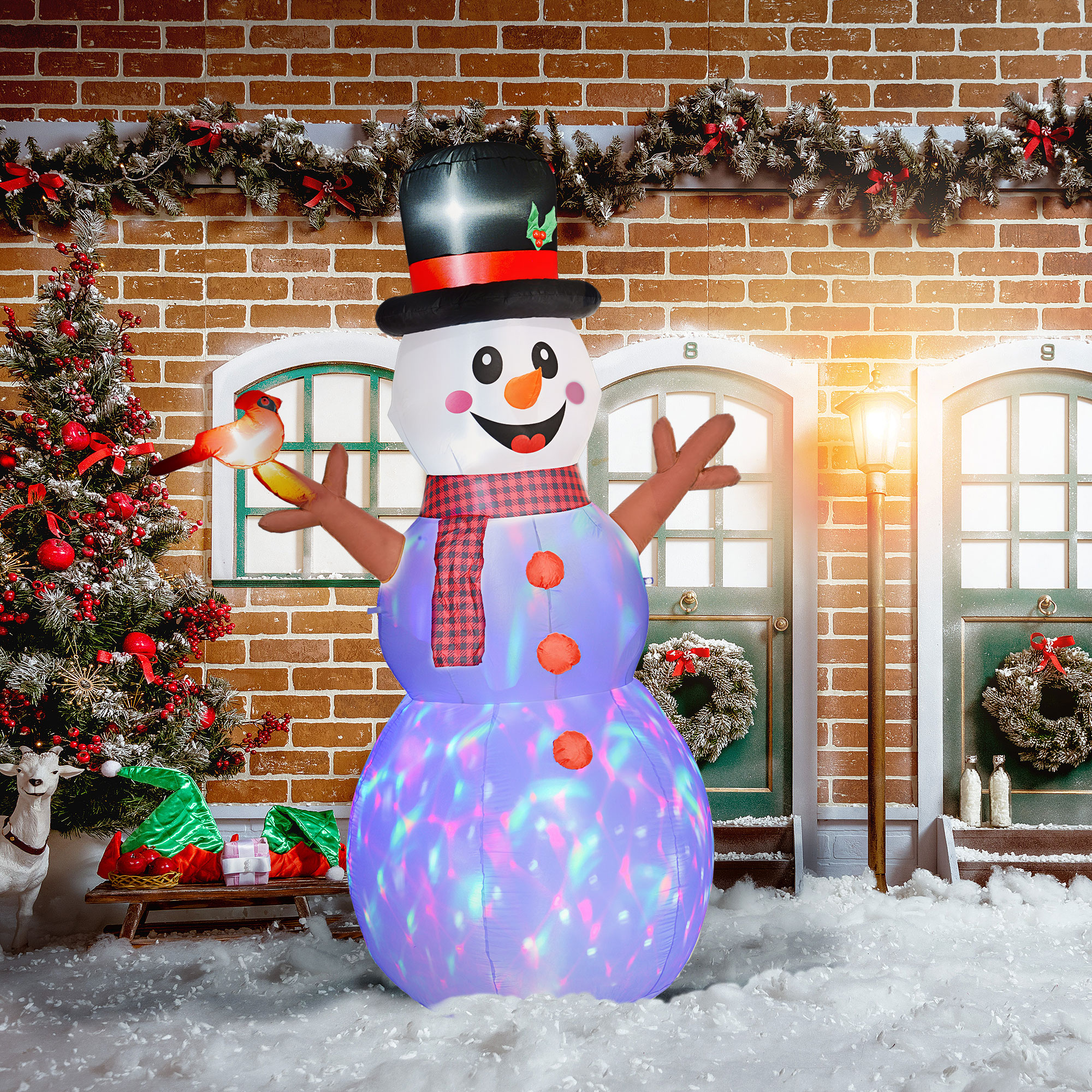 großer Schneemann, 2,40 m, Weihnachtsdeko, mit LEDs, selbstaufblasend, Polyester