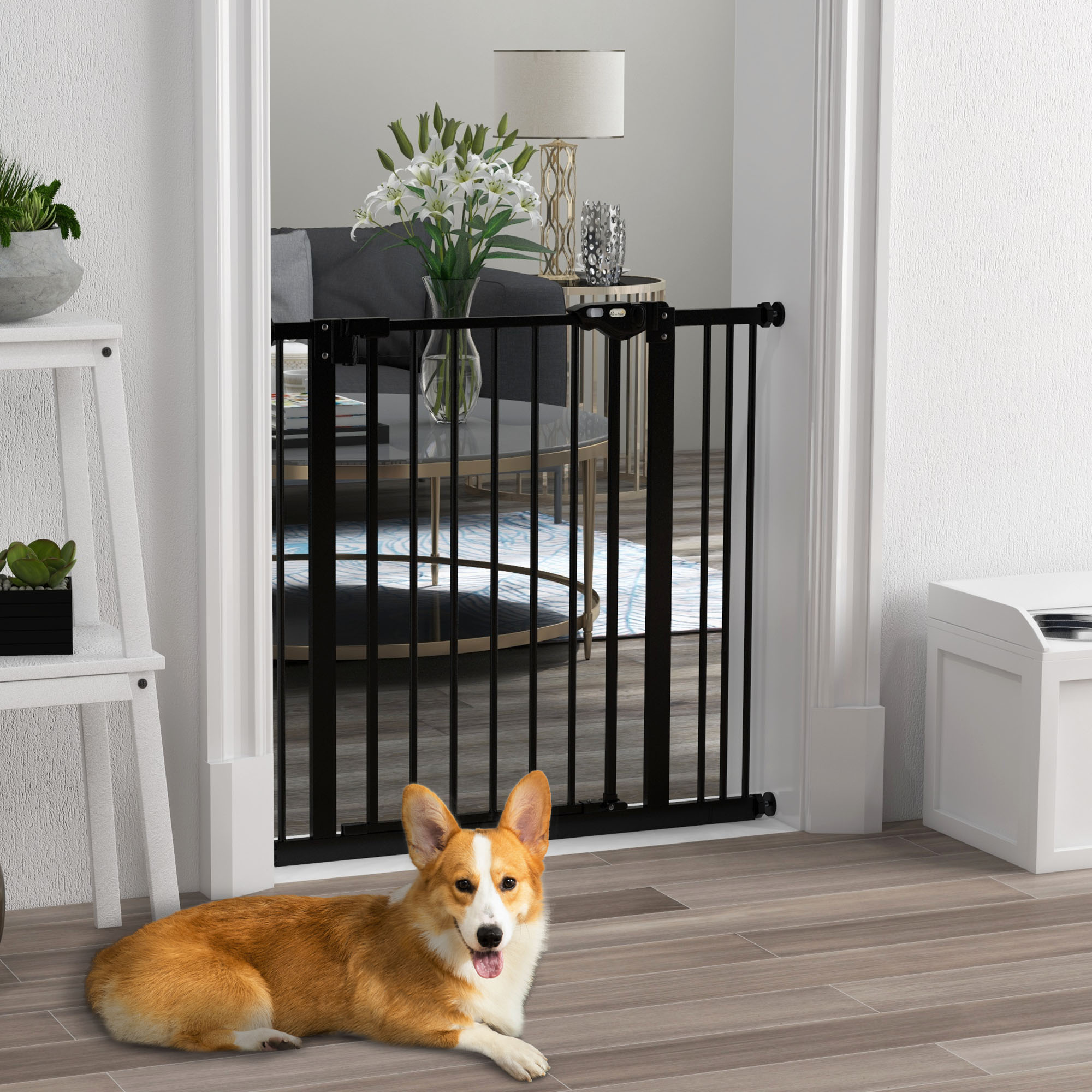 Türschutzgitter für Hunde, Absperrgitter, Schutzgitter für Haustiere, Metall, Kunststoff, 74-87 cm, Schwarz