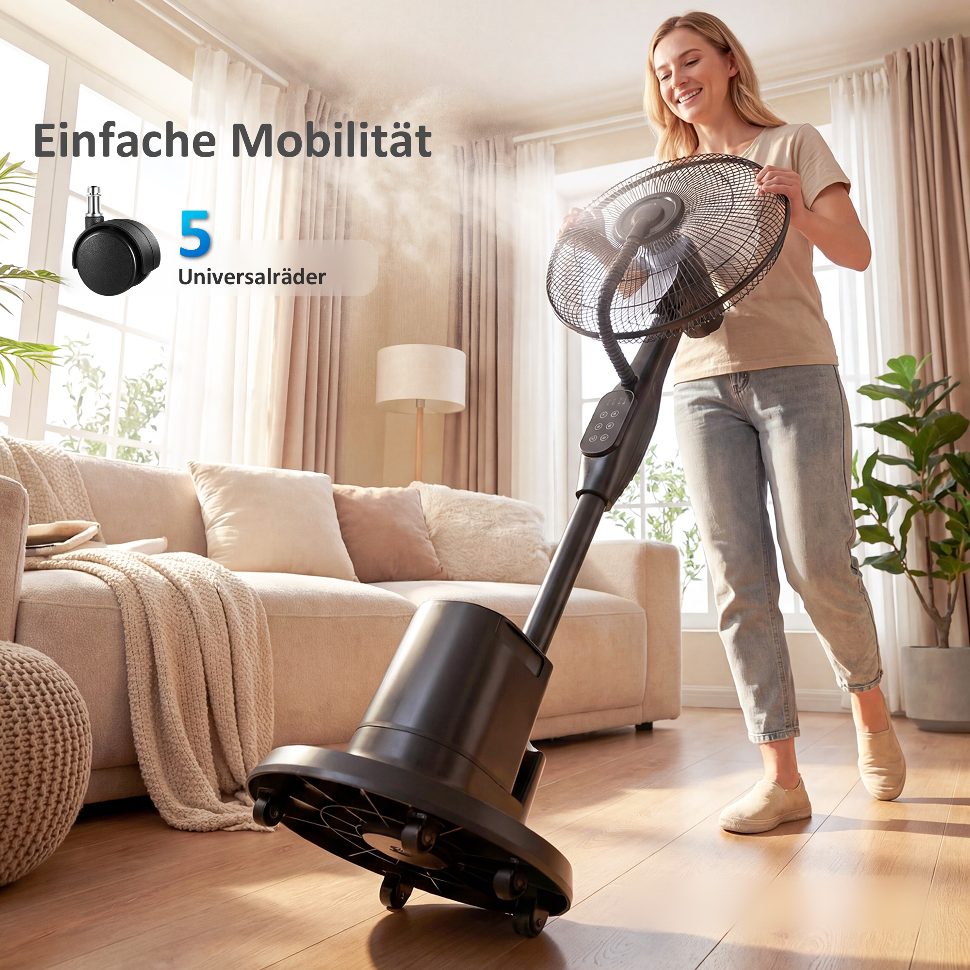 Stehventilator mit Sprühnebel, 70° Oszillation, 3 Geschwindigkeiten, 3 Modi, 3,5L Wassertank, Schwarz