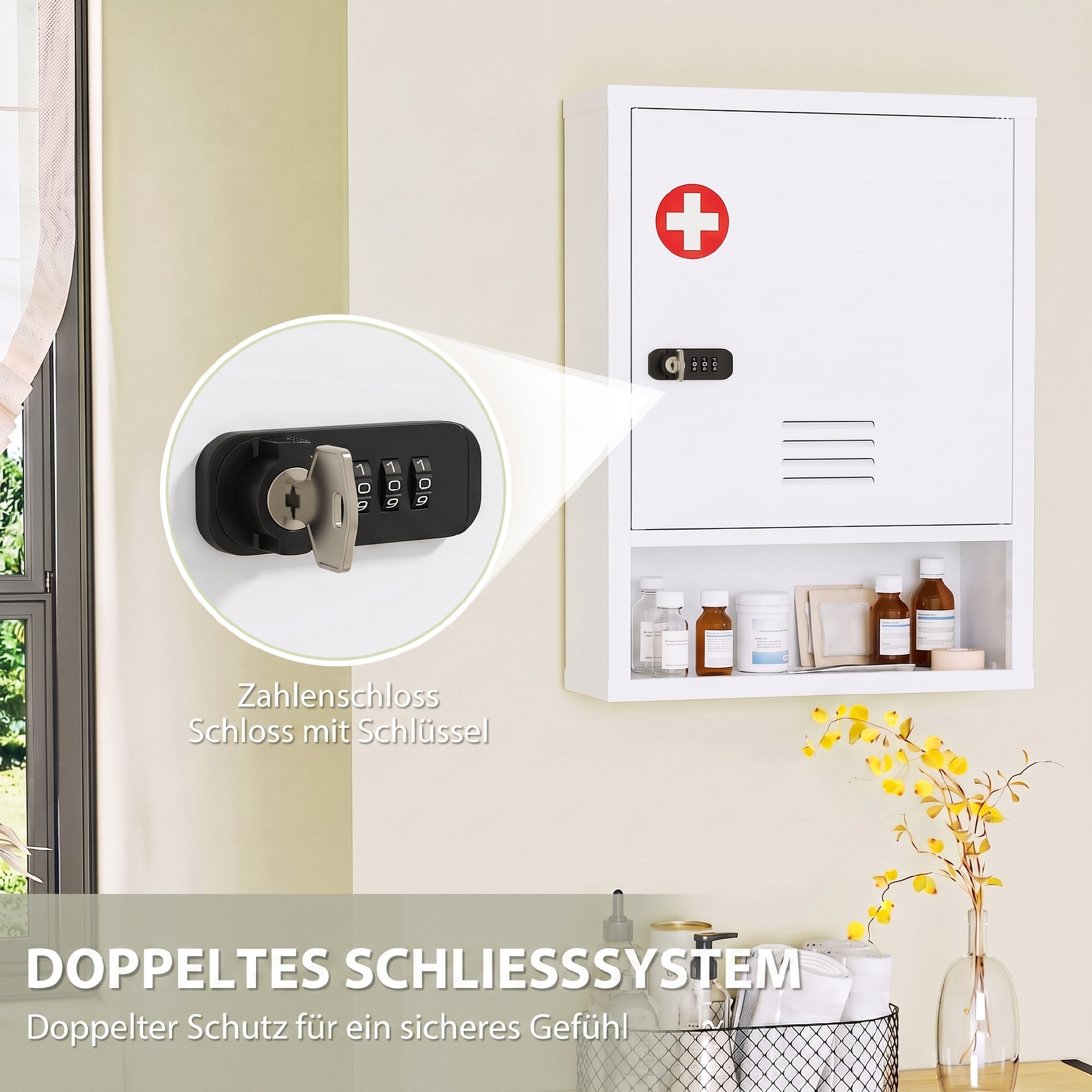 Medizinschrank zur Wandmontage mit Zahlenschloss und Schlüssel, 3-stufig, abschließbar, Weiß