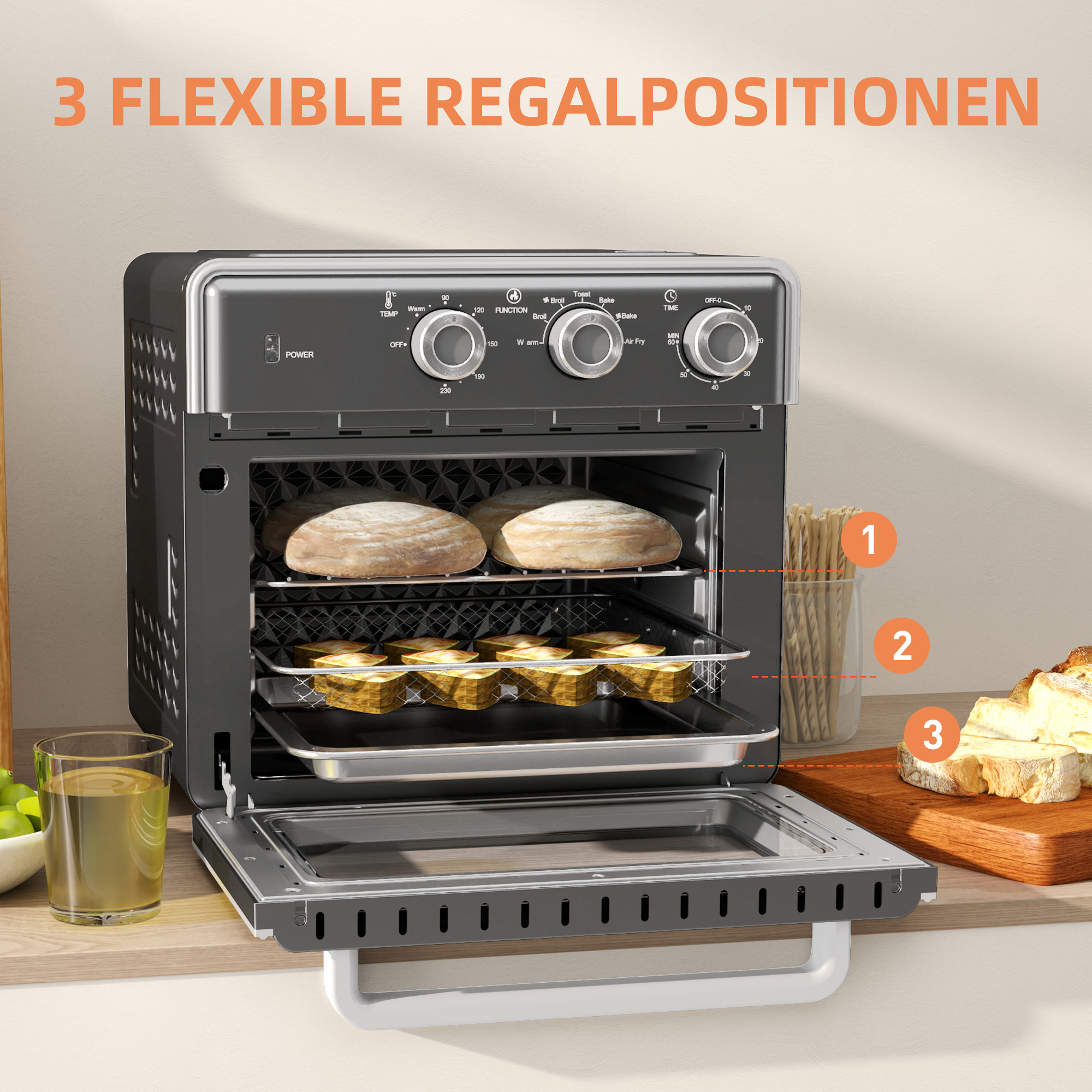 Minibackofen, 20L, 5 Funktionen, 360° Heißluft, Grillrost, Krümelblech, Grau