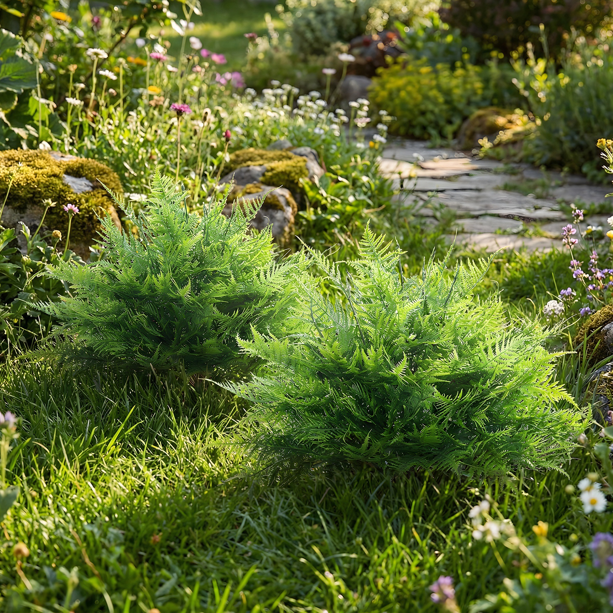 Künstliche Boston-Farn-Büsche UV-beständig, Kunstpflanzen mit Stäben, Set aus 2, 60 cm für Garten, Veranda
