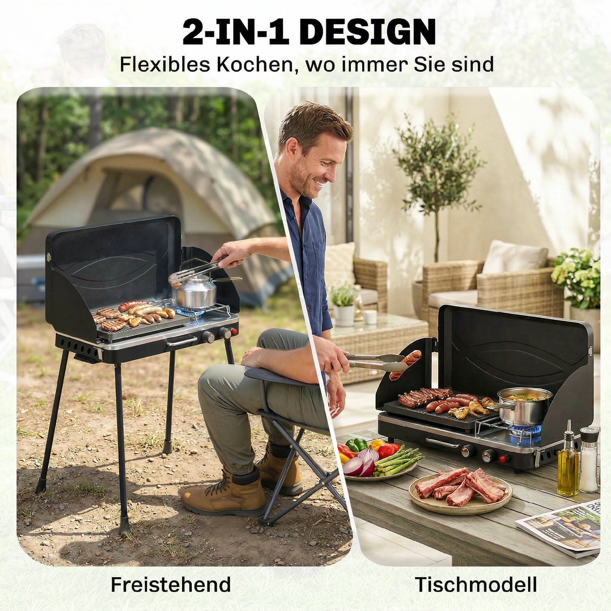 tragbarer Gasgrill 2 Brenner 7 kW 2-in-1 Tischgrill mit Braten klappbar Beinen Grillrost Windschutz Deckel Verschluss