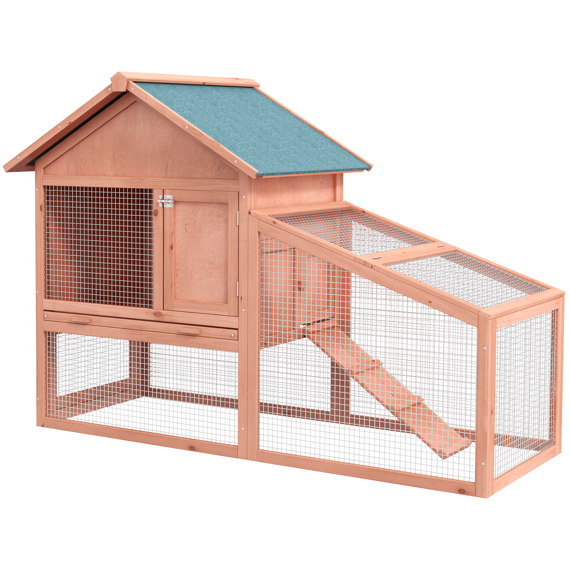 Kaninchenstall aus Holz auf Zwei Etagen mit Rampe 144x64,5x100 cm Hasenstall mit wasserabweisend Bitumendach Kleintierstall Winterfest für draußen mit mehreren Eingängen herausnehmbar Schublade