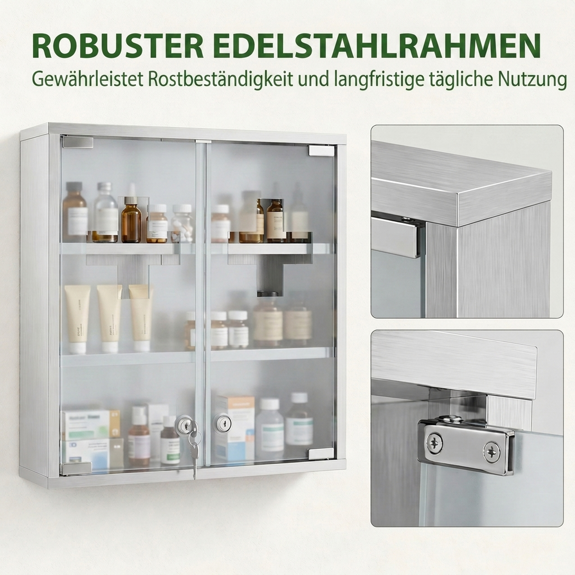 Medizinschrank, Abschließbarer Medikamentenschrank mit 2 Schlüsseln, Glastür und 6 Regalen, 48 x 46 x 12 cm, Silber