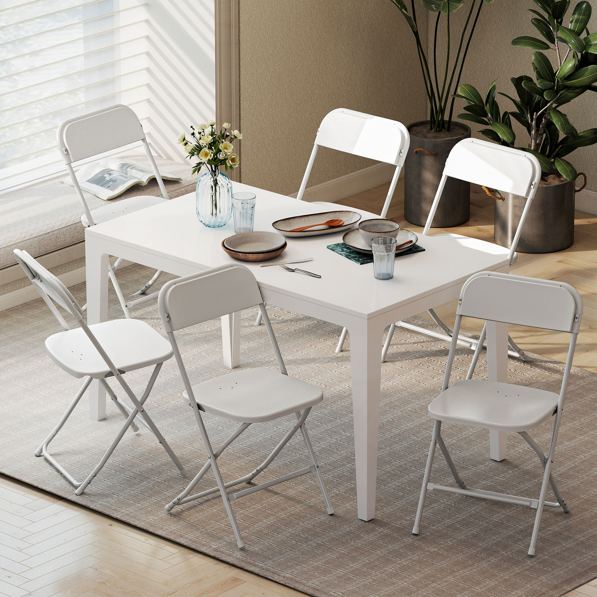 6er-Set Klappstühle, faltbare Stühle mit Ablauflöchern, Stahlrahmen, vielseitig einsetzbar, Weiß