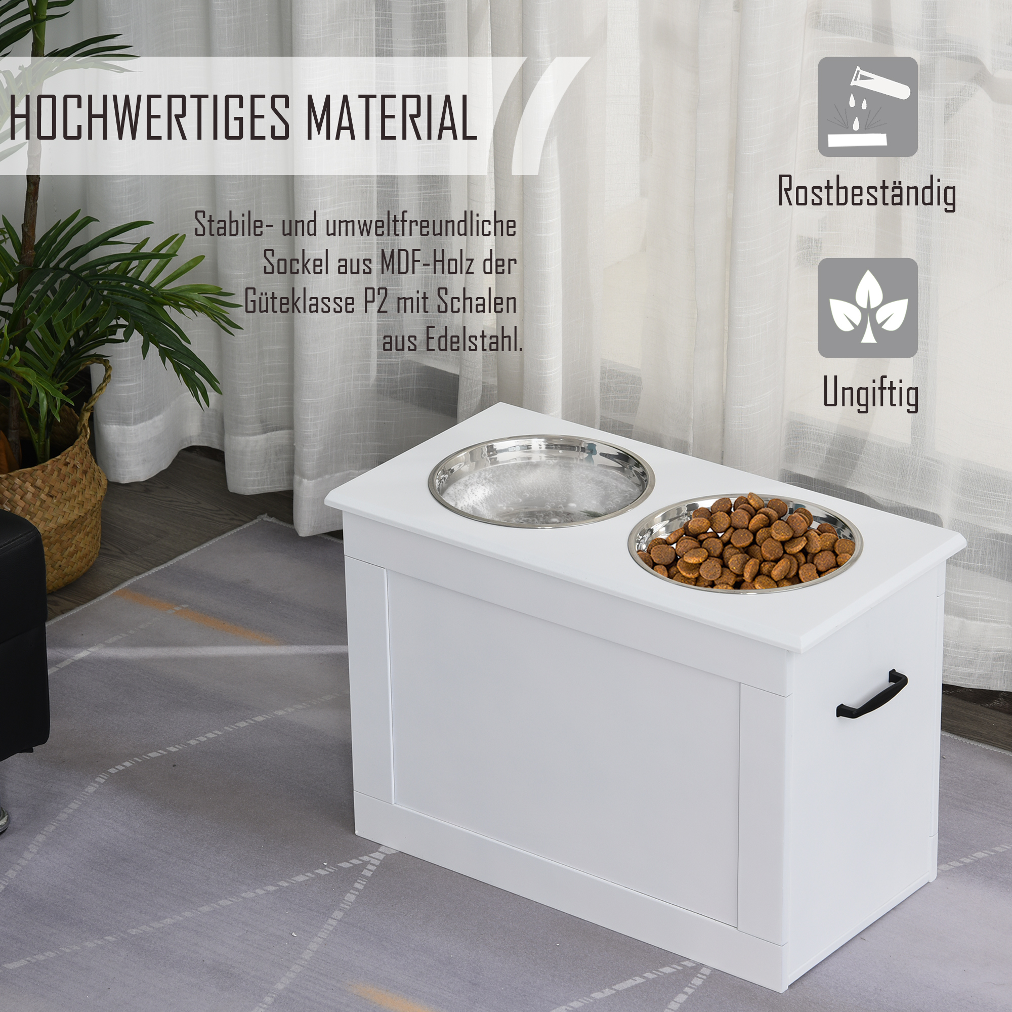 erhöhter Hundenapf Futternapf mit Staumraum Wassernapf 2 x 2000ml Edelstahlnäpfen Hundenäpfe Fressnapf Futterstation für Hunde Katzen Weiß